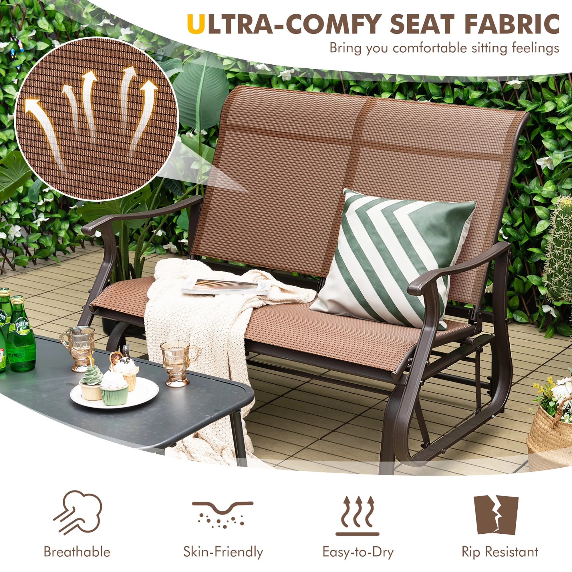 Gymax 2-Person Outdoor Glider Chair Patio Rocking Lounge Chair w/ Breathable Fabric - Image 4