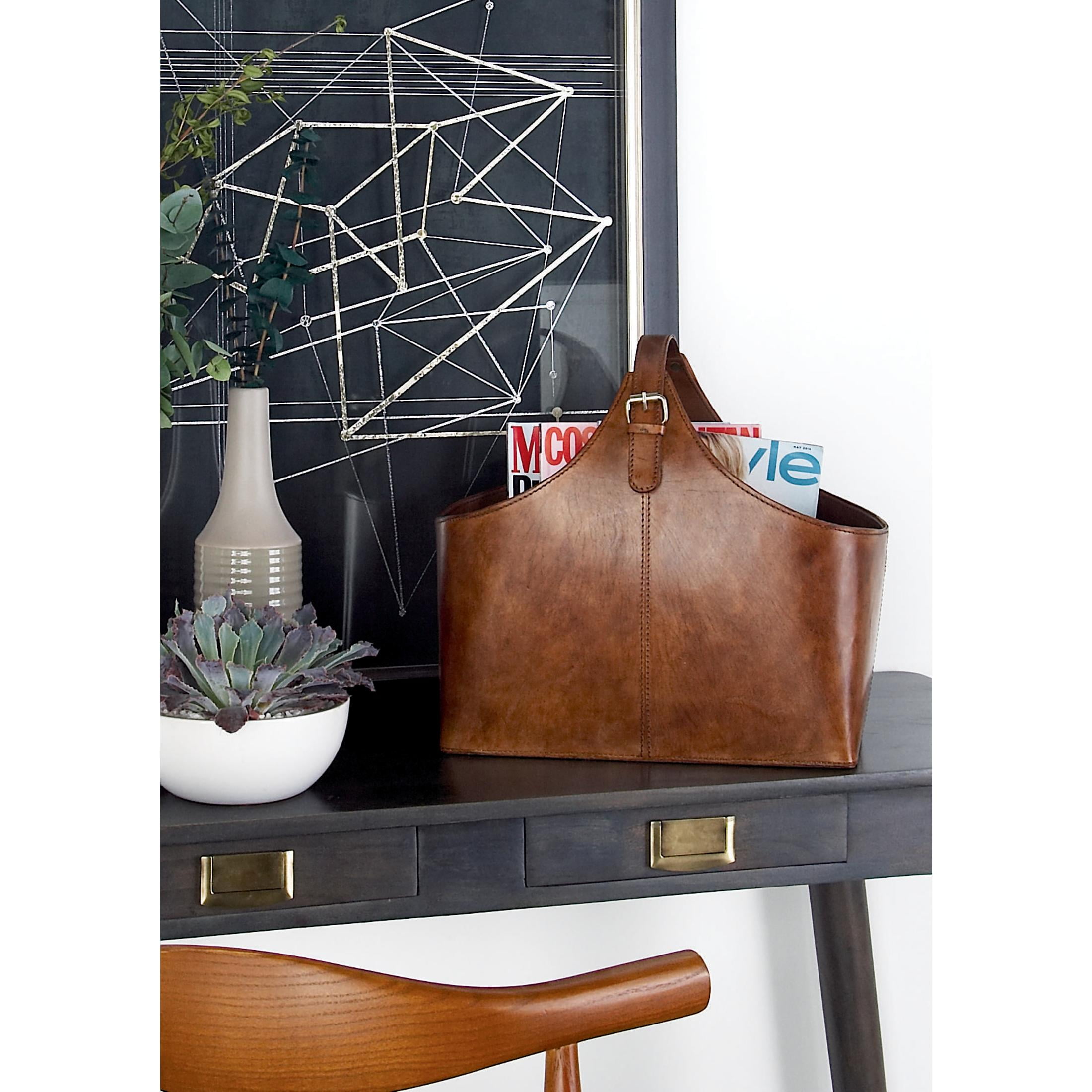 DecMode 15" Brown Leather Handmade Box Style Magazine Holder with Detail Stitching and Curved Buckle Handle - Image 2