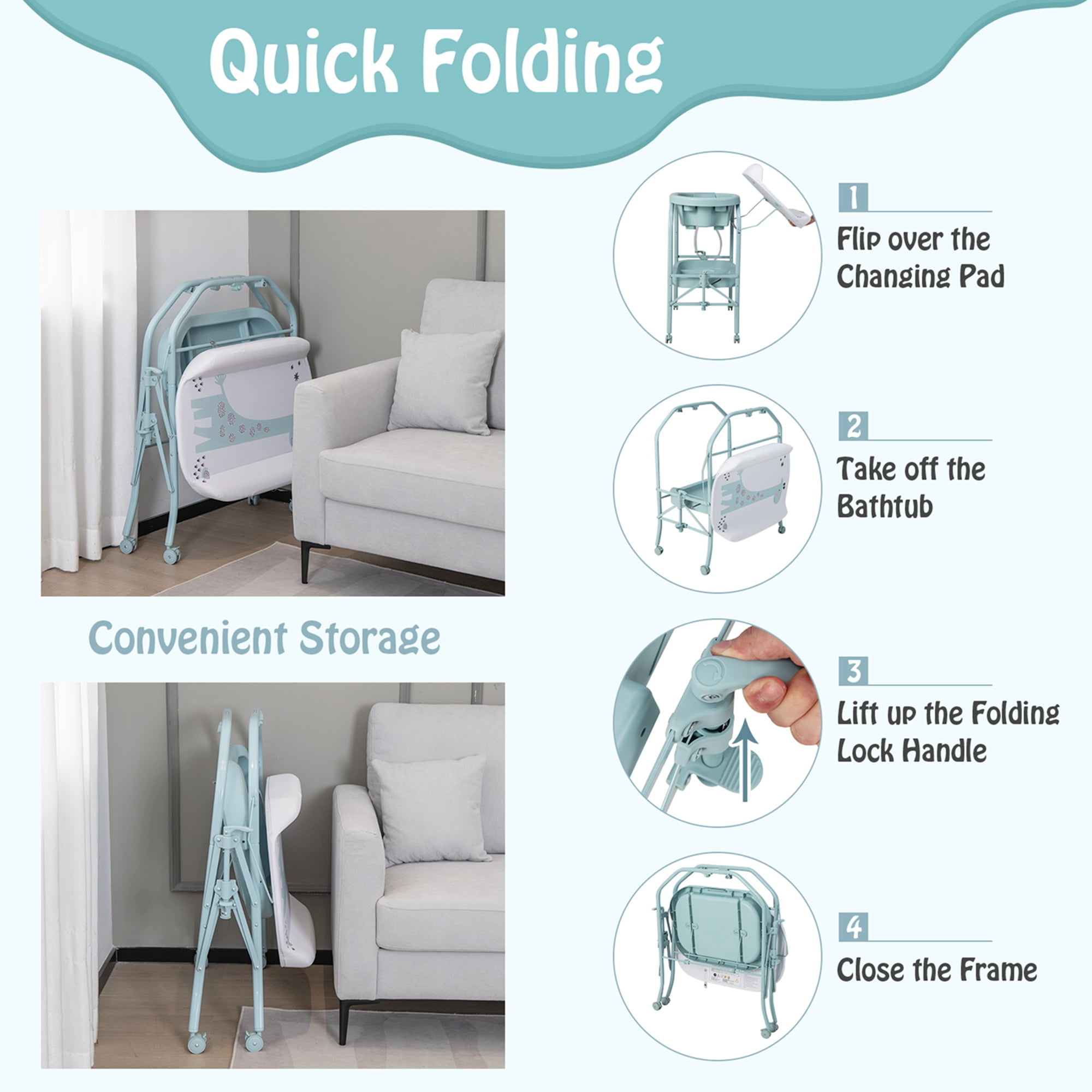 Babyjoy Changing Table with Bathtub Folding Portable Diaper Station Steel 0-12 Months PP Blue - Image 3