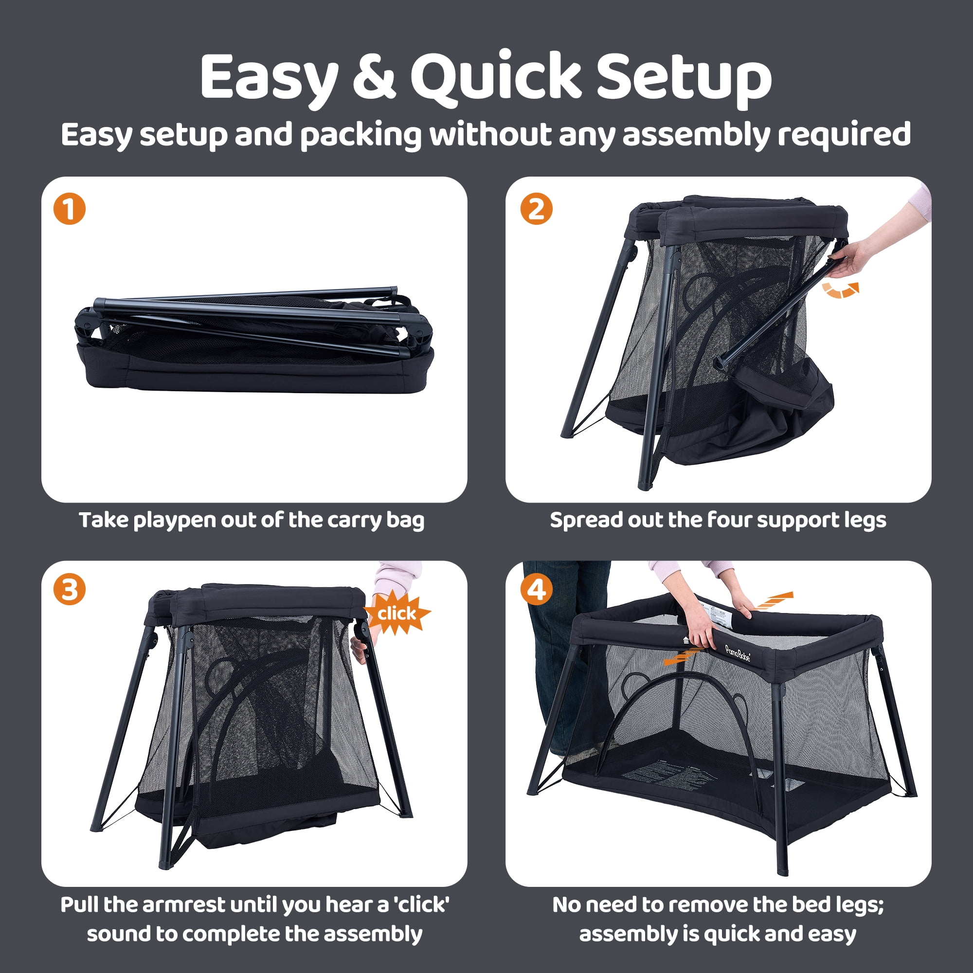 Pamo Babe Unisex Travel Playard for Toddler, Portable Crib for Baby Travel, Lightweight Playpen Foldable Playard for Outdoor, Indoor , 6-36 Months(Black) - Image 2