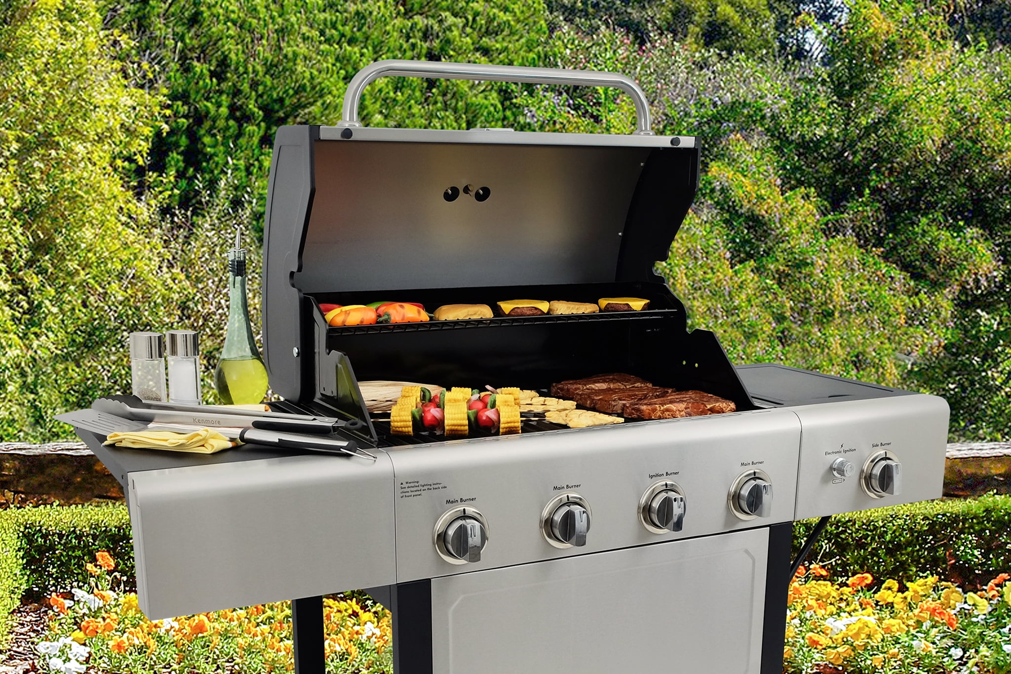 Kenmore 4-Burner Outdoor Propane Gas Grill with Side Burner, Open Cart, Stainless Steel - Image 5