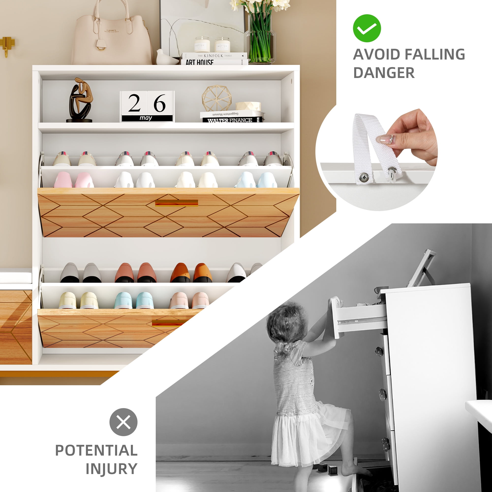 Dextrus Shoe Cabinet with 2 Flip Drawers & Open Shelf , Modern Shoe Storage Cabinet with Storage Bench, Freestanding Shoe Rack Storage Organizer Bench for Hallway Entryway, White - Image 5