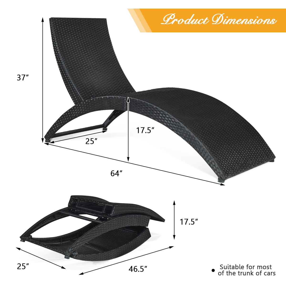 Costway Folding Patio Rattan Lounge Chair Chaise Cushioned Portable Garden Lawn Black - Image 3