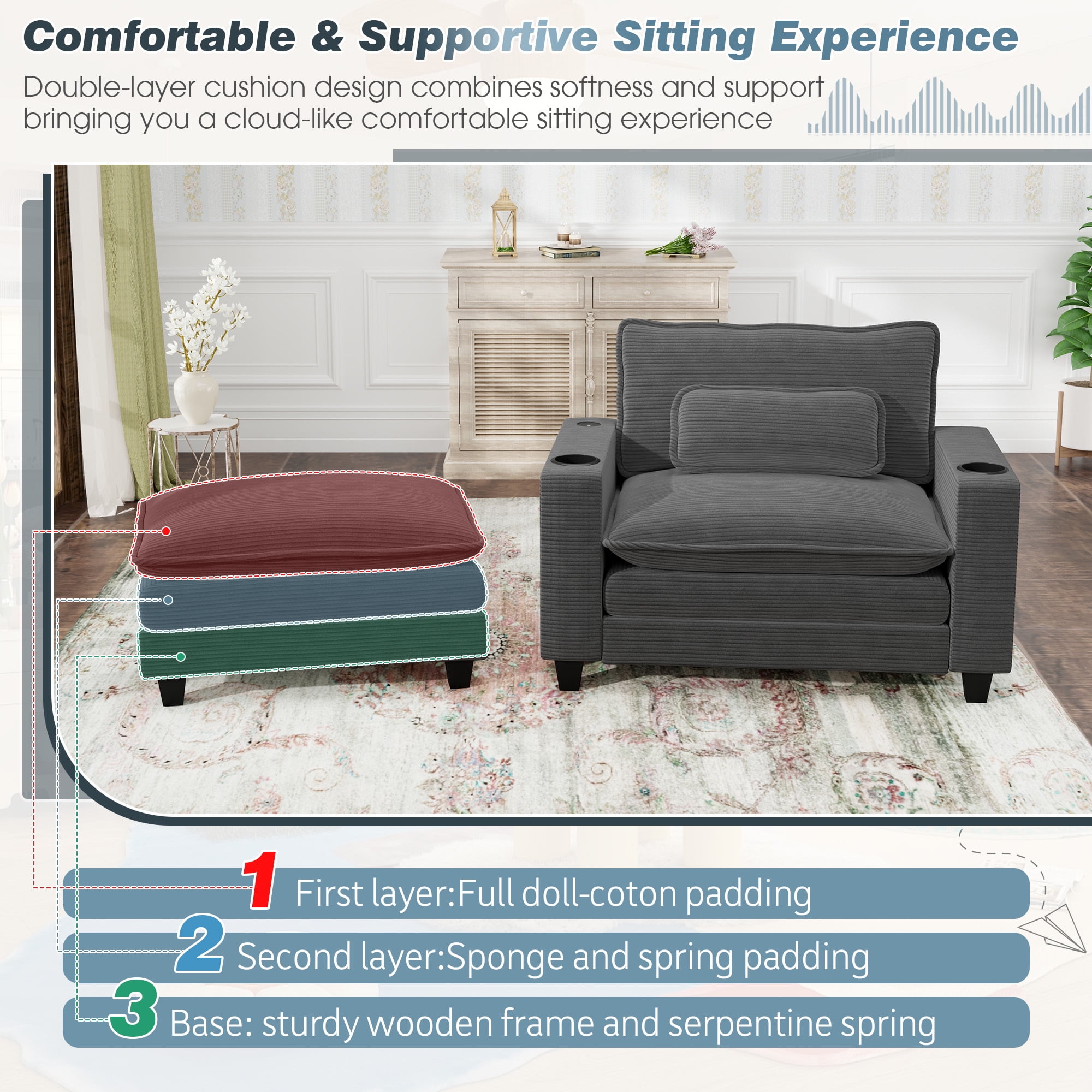 Lunale Oversized Lounge Chair & Ottoman Set - 45.5" Cloud Corduroy Accent Armchair with USB/Cup Holder for Modern Living/Bedroom, Dark Gray - Image 5