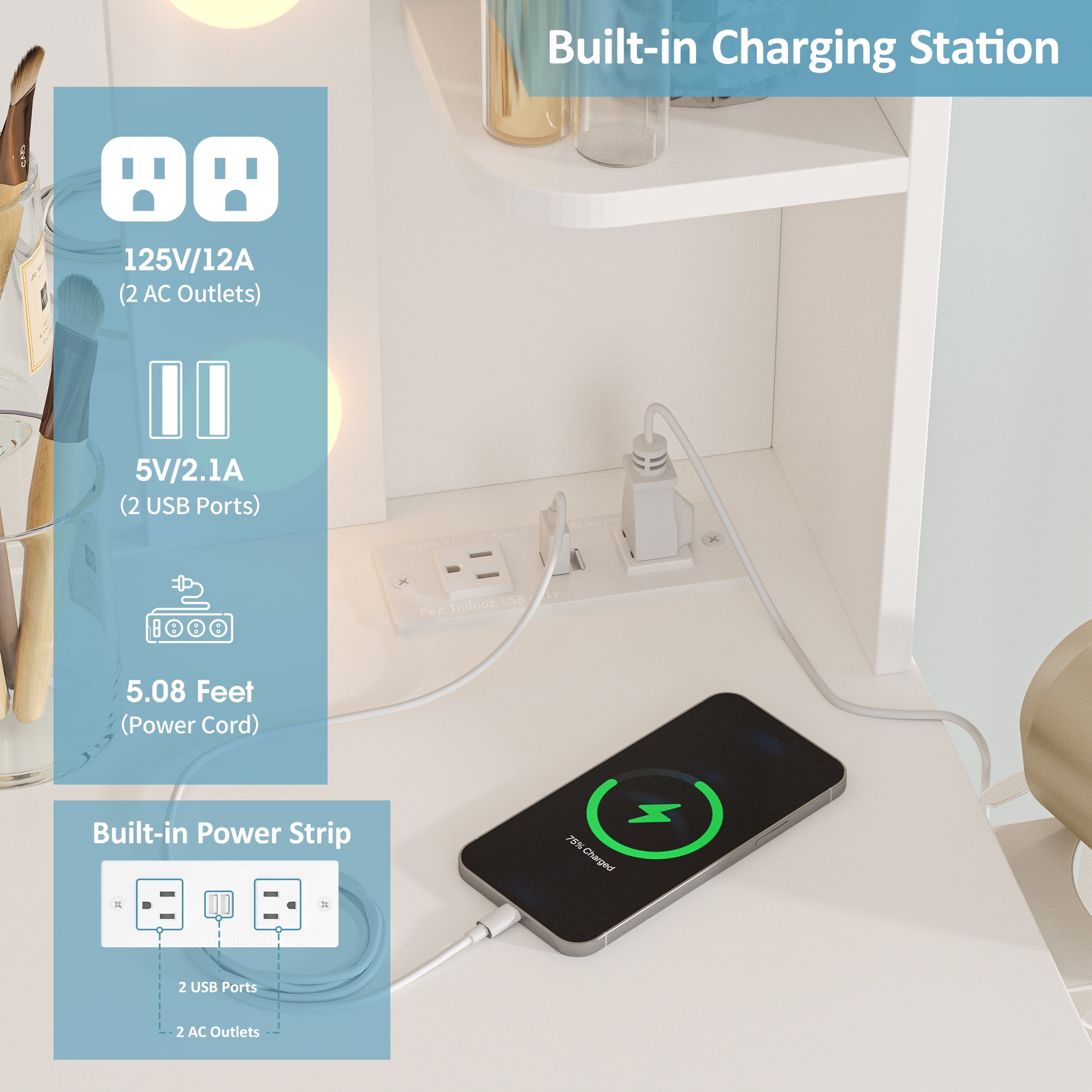 Vabches Vanity Set with Mirror and Lights & Power Outlet Makeup Vanity with 2 Drawers& 6 Shelves, White - Image 7