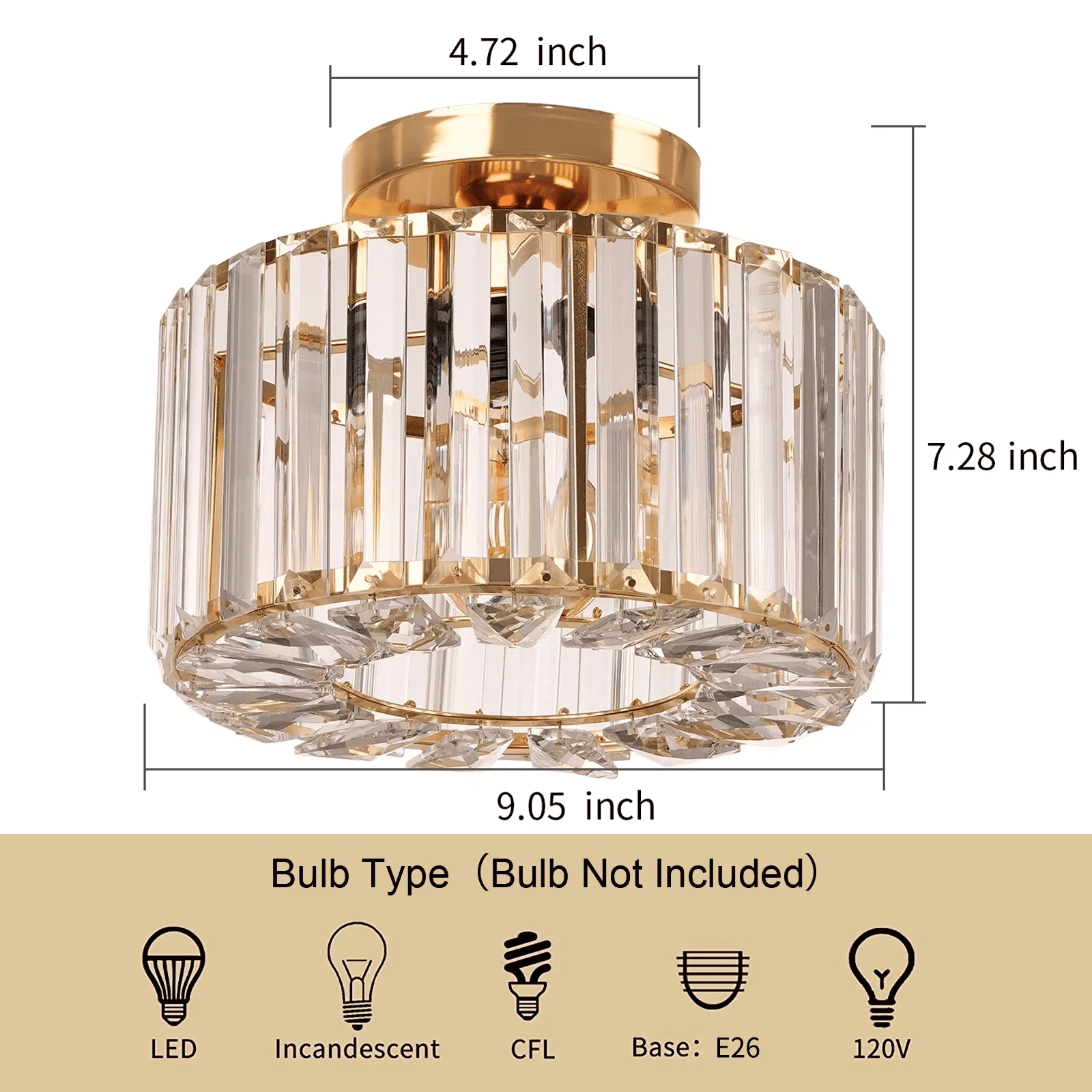 Frideko Home Crystal Ceiling Light Fixture, 9" Gold Modern Semi Flush Mount Ceiling Light, E26 Base for Light Bulbs, Crystal Chandelier for Kitchen Bedroom Bathroom Hallway (Bulb not Included) - Image 5