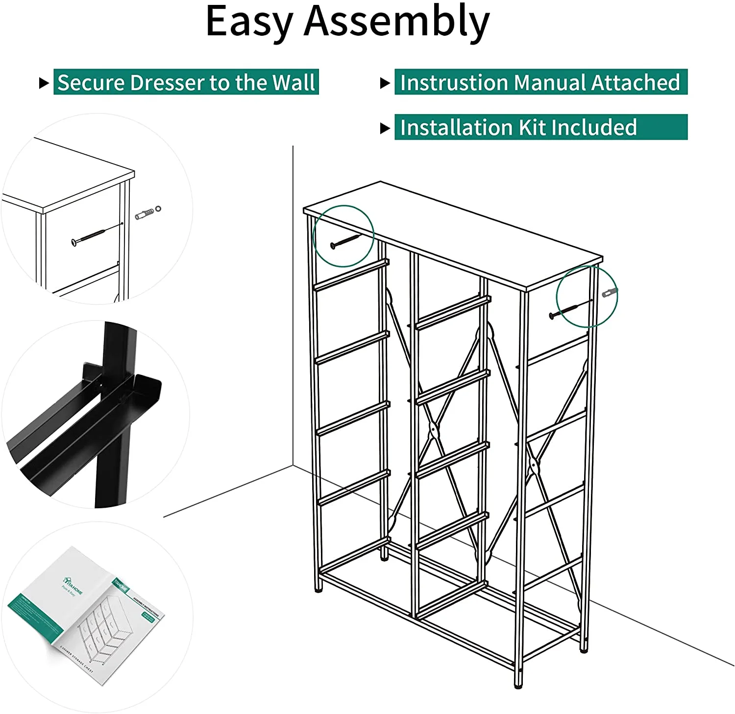 YITAHOME 10-Drawer Fabric Dresser with Wooden Top, Steel Frame, Dark Gray – Adult Storage Organizer - Image 8