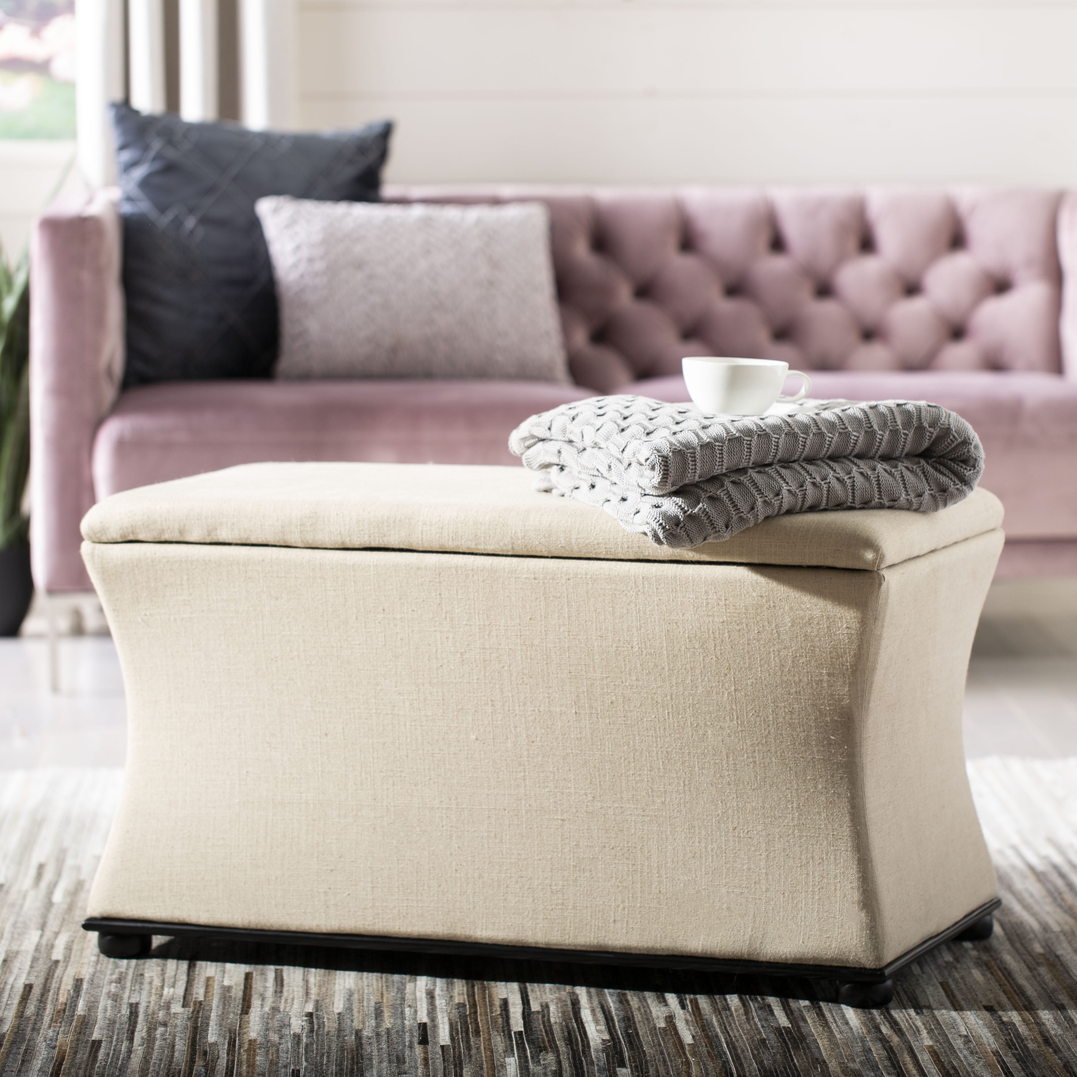 SAFAVIEH Aroura Transitional Glam Flip Top Upholstered Storage Bench, Beige - Image 2