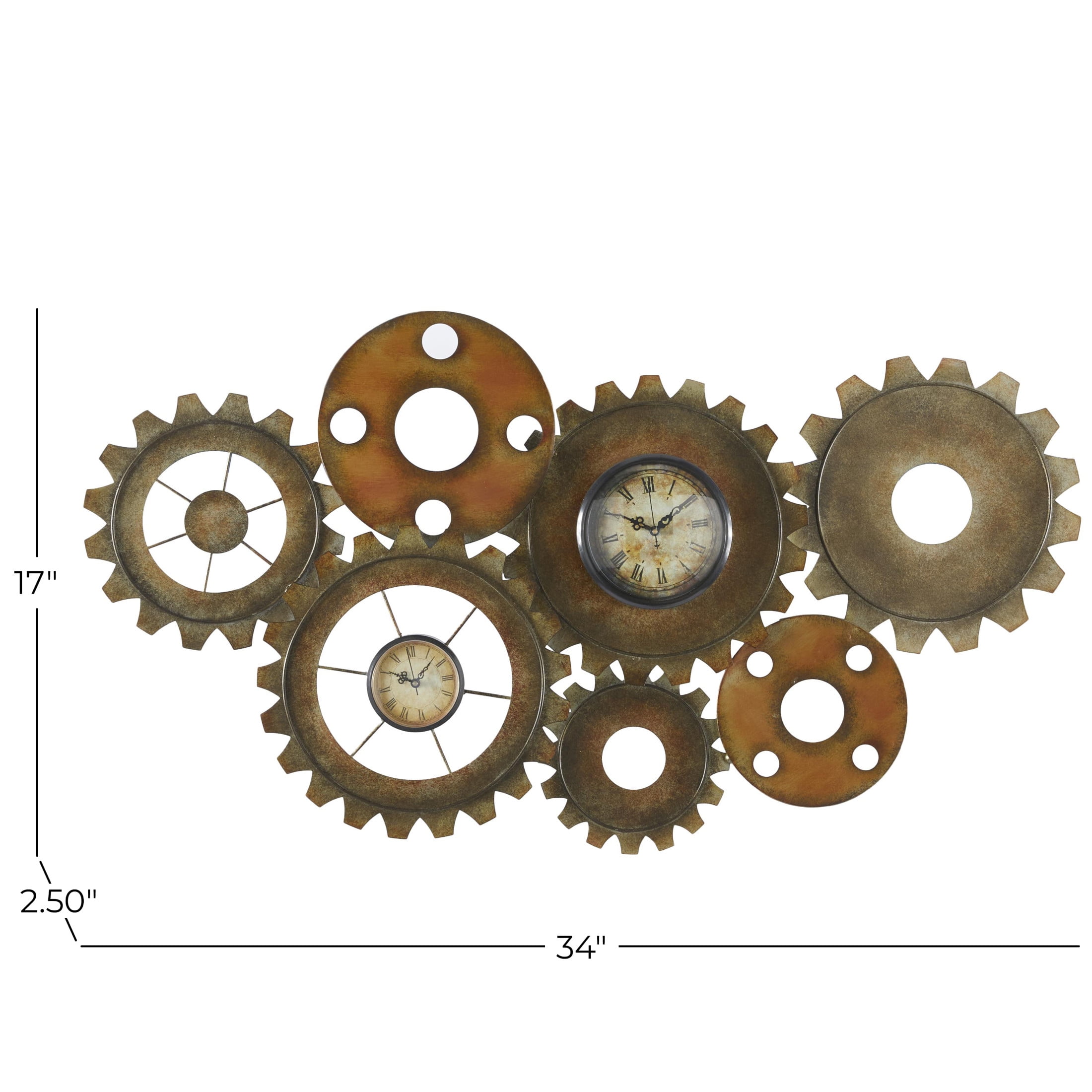 DecMode 34" x 17" Brown Metal Gear Vintage Weathered Dual Wall Clock - Image 7
