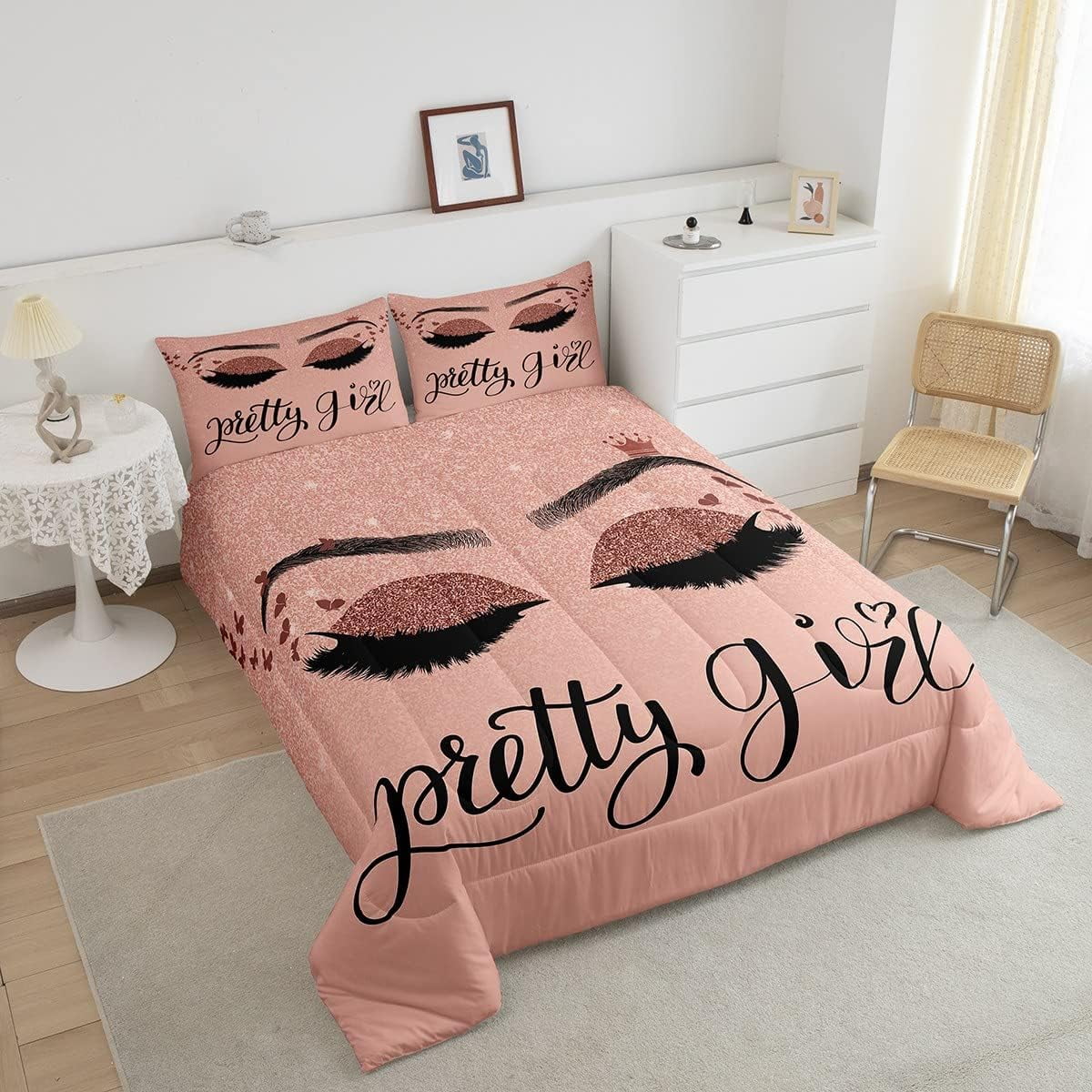 Eyelash Bedding Set Full Size,Stylish Pink Sparkles Comforter Set for Teens Adult,Eyelash Aesthetic Duvet Insert,(No Glitter No Sequin) Modern Quilt Comforter with 2 Pillow Shams Warm - Image 3