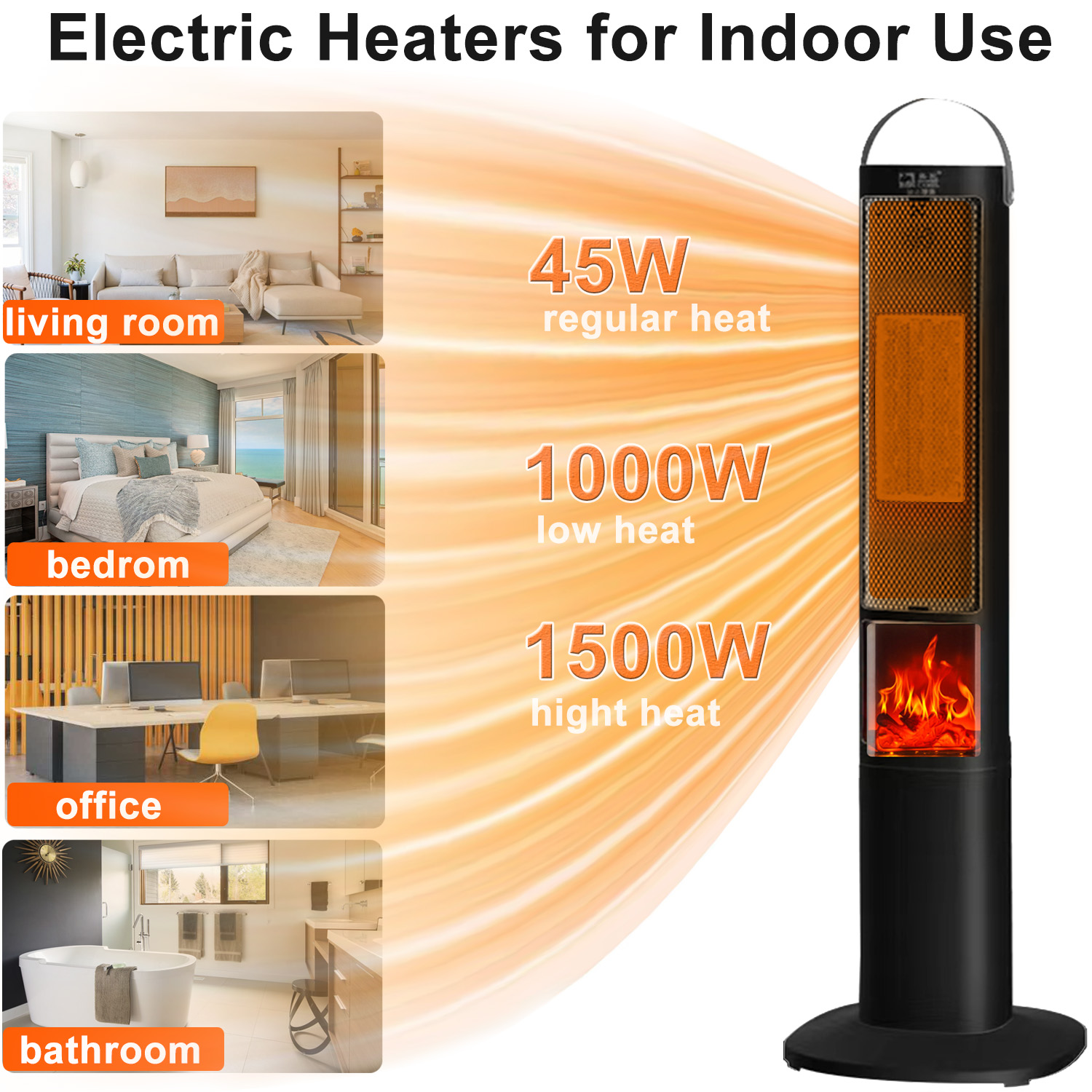 Space Heater, 37" 1500W Electric Tower Heaters with 3 Modes, Timer and Remote Control, PTC Ceramic Fast Safety Heat for Office Bedroom Home and Indoor - Image 8