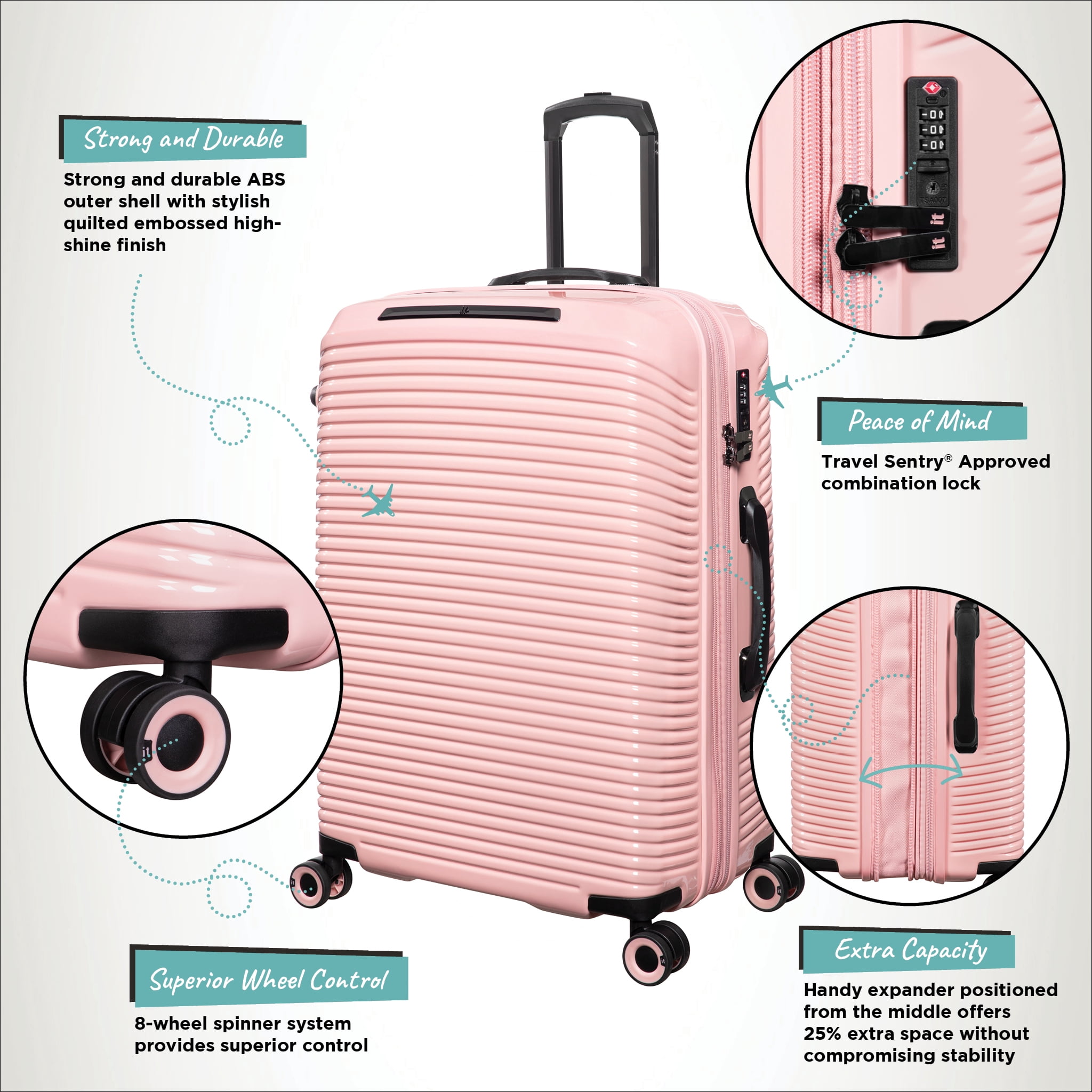 it luggage Traversed 32" Hardside Checked 8 Wheel Expandable Luggage Suitcase Spinner, Metallic Rose Gold - Image 10