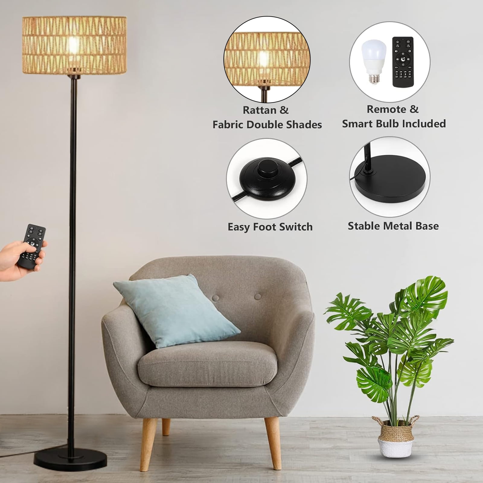 IHHIZLTT Floor Lamp for Living Room with 3 Color Temperatures, Remote & Dimmable,Woven Rattan Shades - Image 6