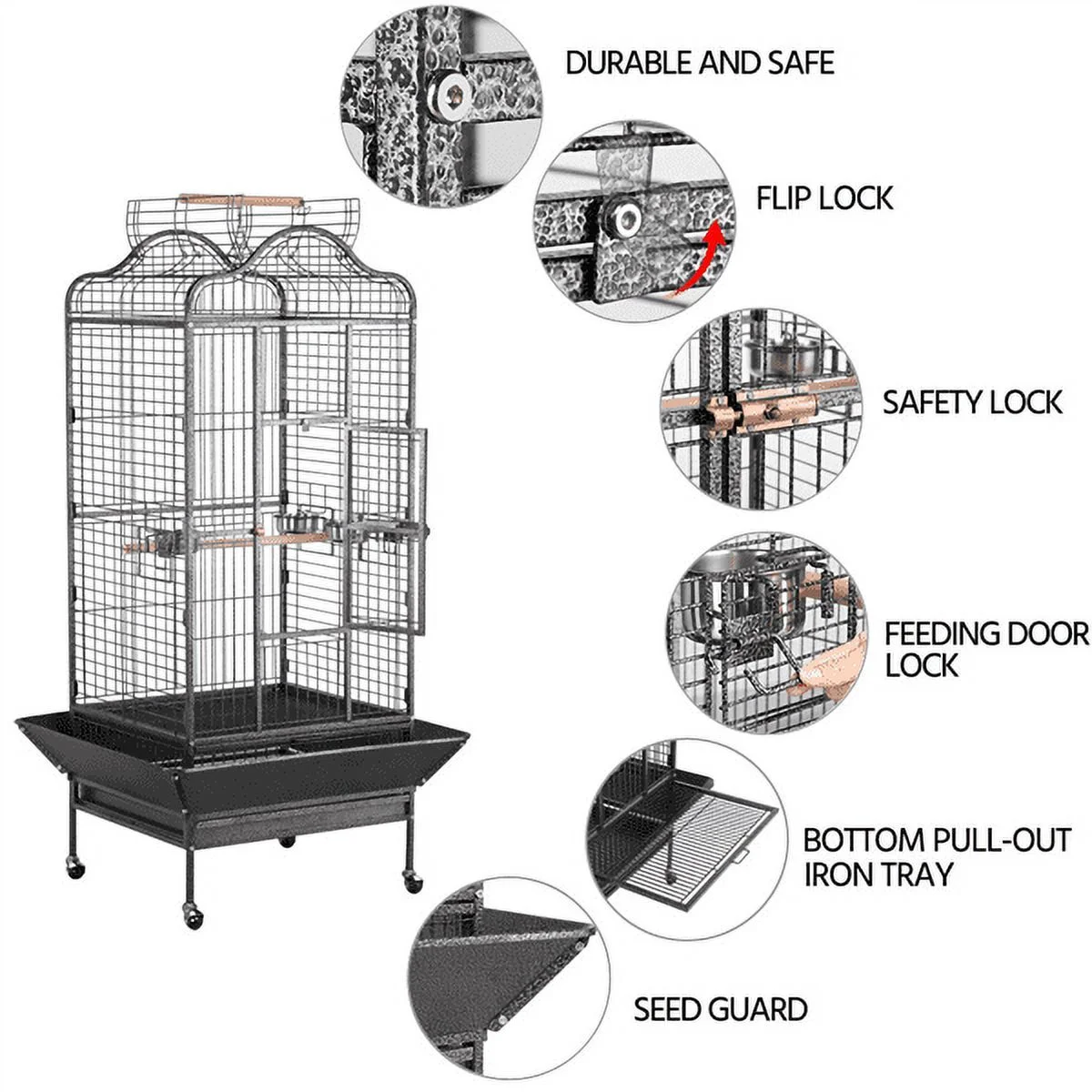 Alden Design Rolling Metal Large Bird Cage Parrot Cage with Stand Open Playtop - Image 8