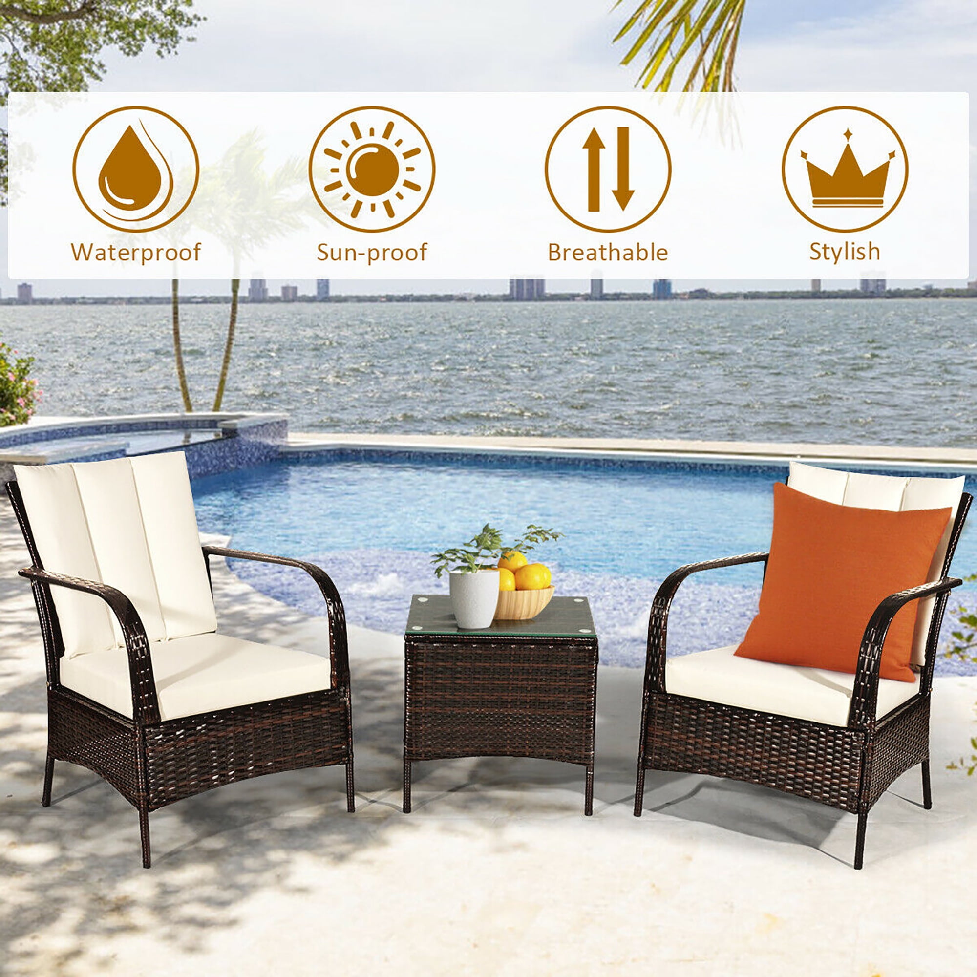 Costway 3 PCS Patio Wicker Rattan Furniture Set Coffee Table & 2 Rattan Chair W/Cushions-White - Image 4