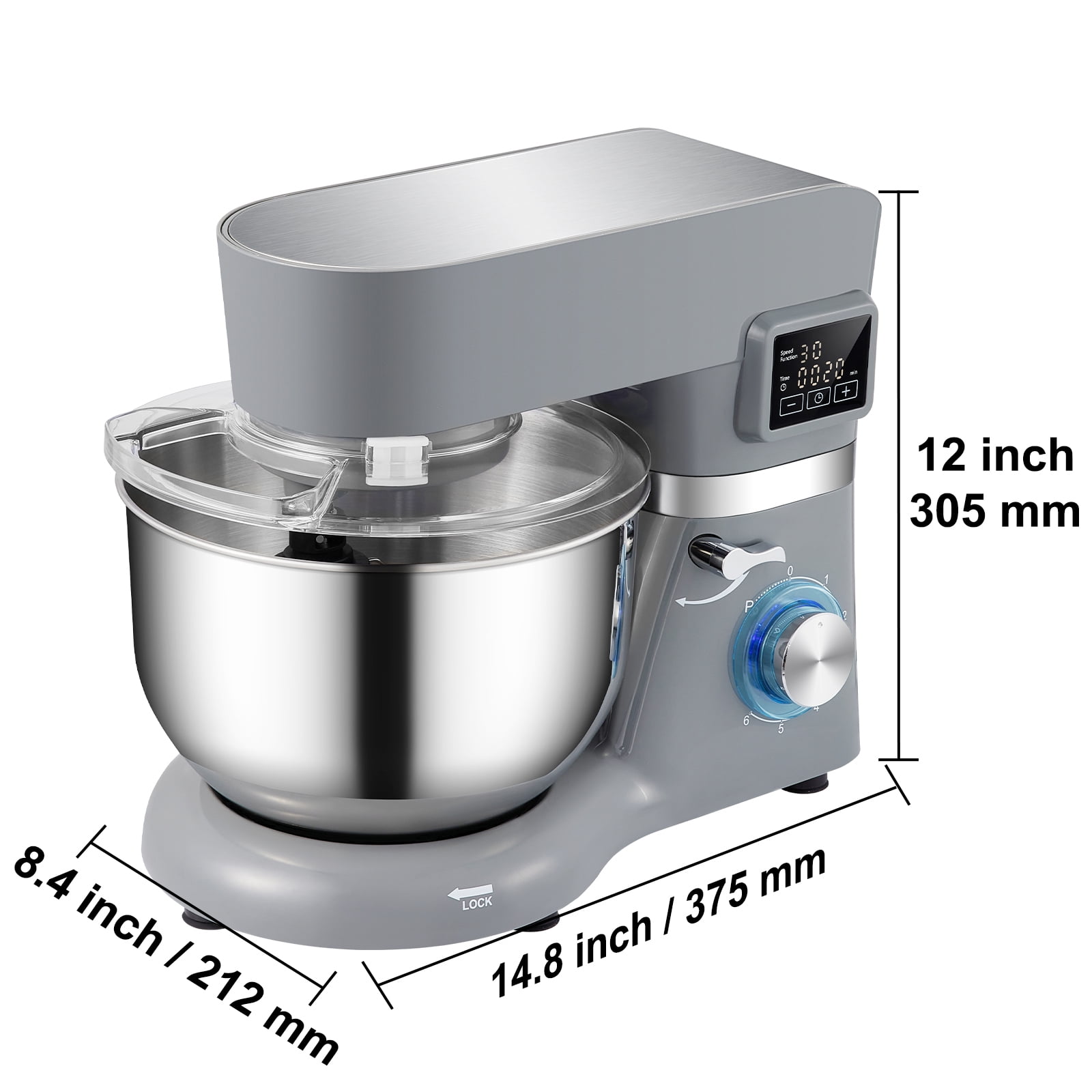 VEVOR Stand Mixer, 660 W, 6-Speed Dough Mixer with LCD Screen Timing, Tilt-Head Food Mixer with 5.8 Qt Stainless Steel Bowl Dough Hook Flat Beater Whisk Scraper Splash-Proof Cover, Gray, 120 V - Image 6