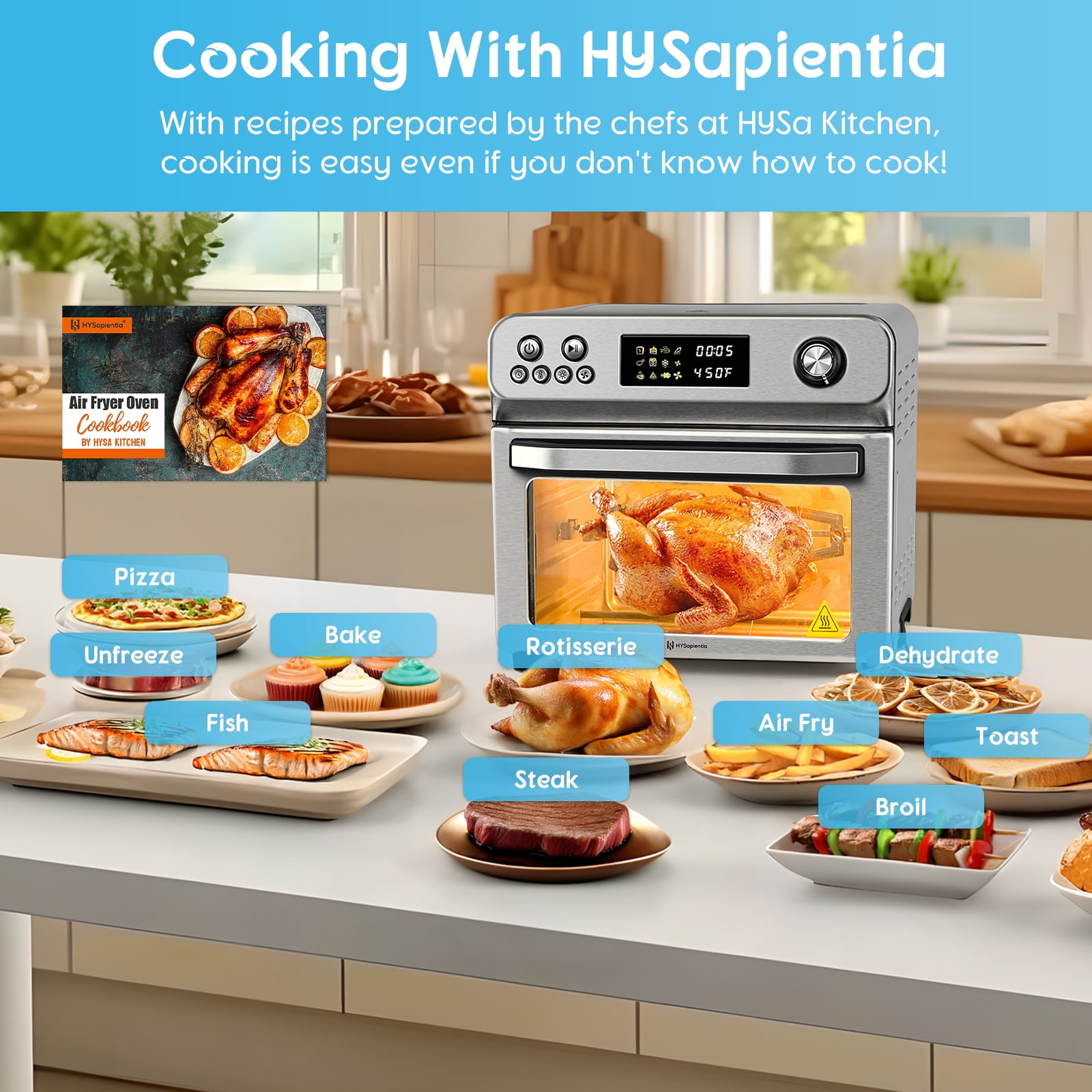 HYSapientia 26QT Air Fryer Oven With Rotisserie 1800W Toaster Oven Air Fryer Combo, 10 in 1 Convection Oven Countertop, Airfryer Toaster Oven, Mini Toaster Oven,Easy to clean - Image 10