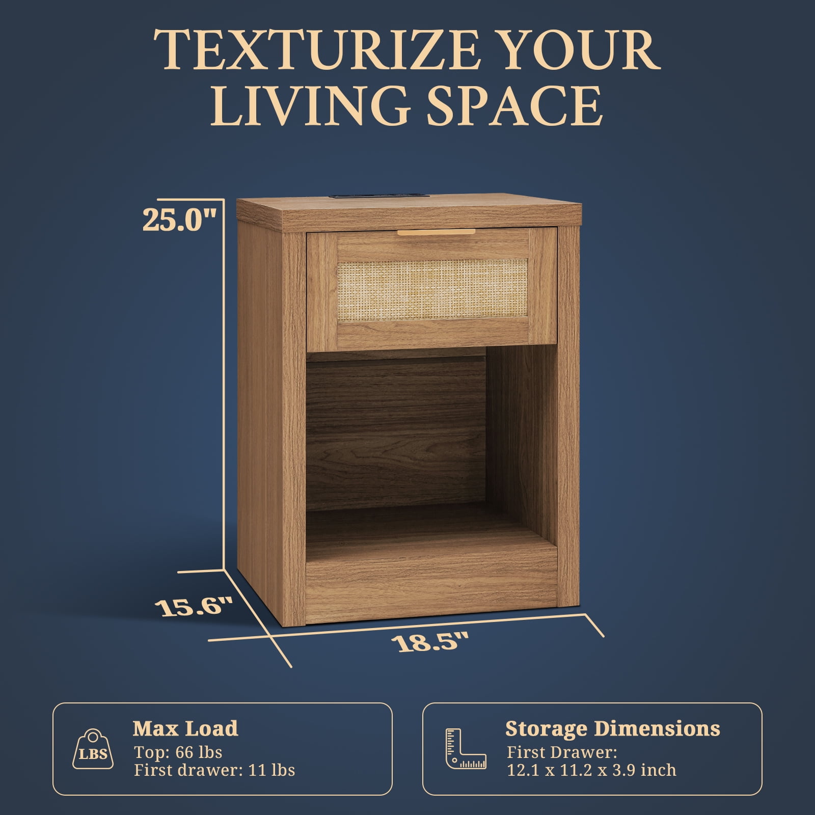 OAKHAM Rattan Nightstand Set of 2 with Charging Station and USB Ports, Boho Bedside Tables - Image 6