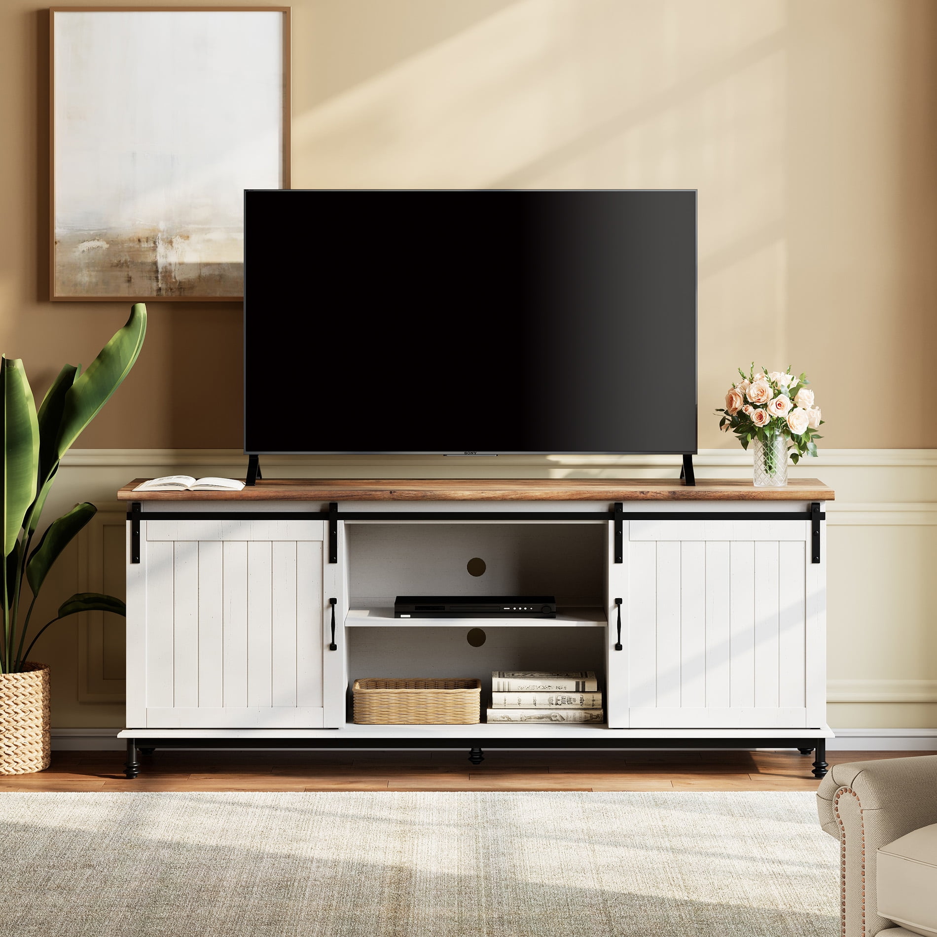 70 Inches TV Stand , Wood Entertainment Center for livingroom, Console Table Storage Cabinet with Sliding Barn Door for 80 90 100 110 Inch TV - Image 2