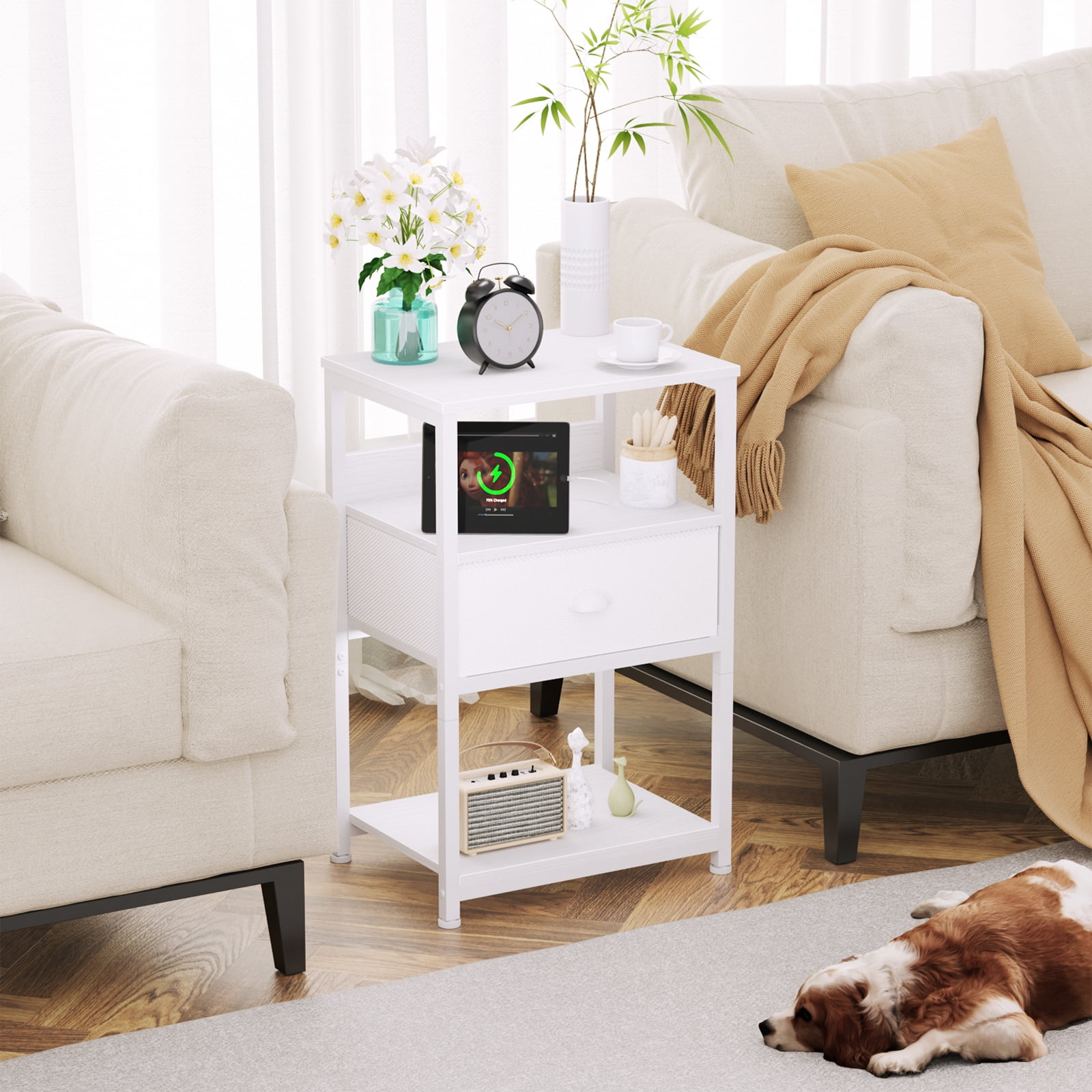 Furologee LED Nightstand with Charging Station for Living Room, Bedside Table with USB Ports & Outlets, White - Image 3