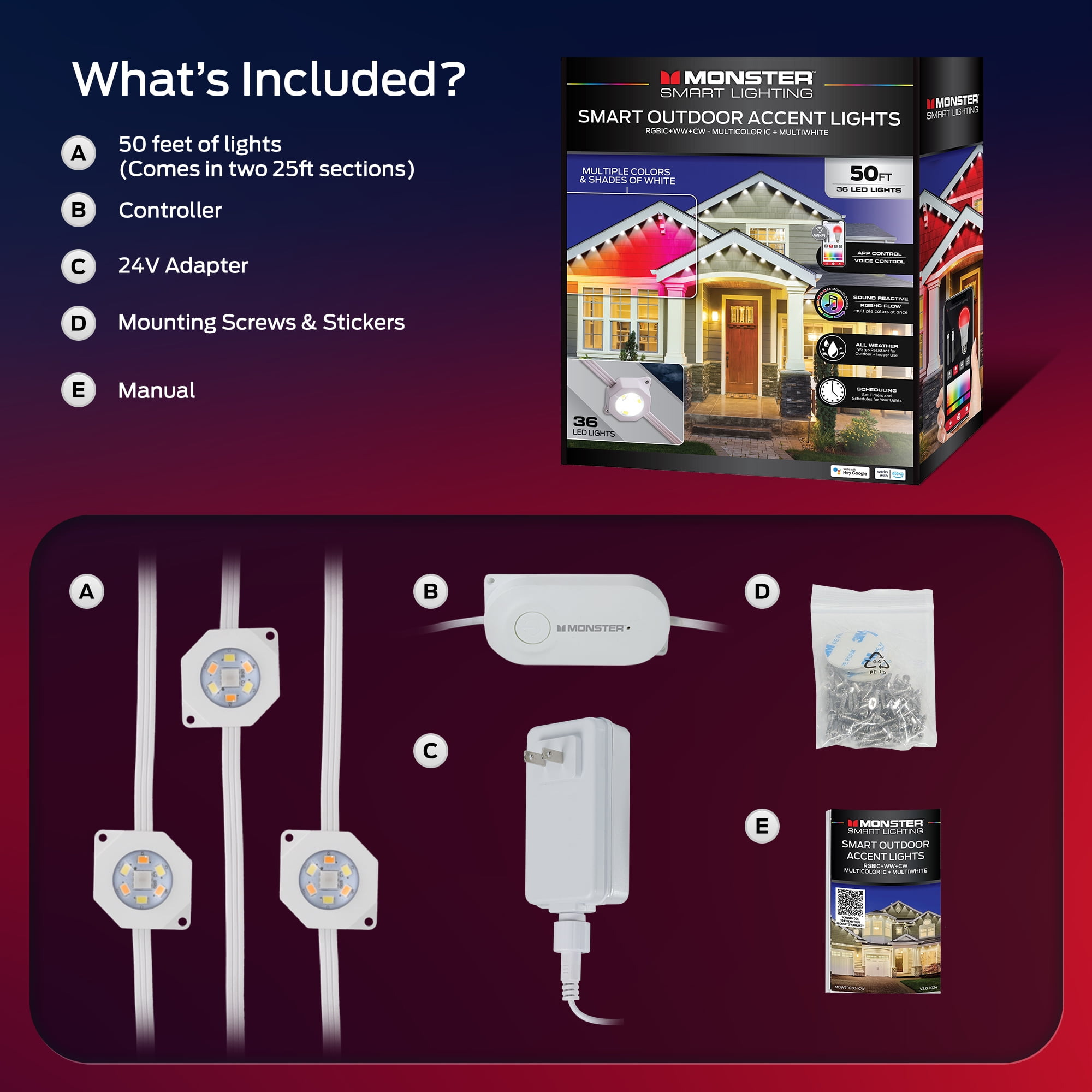 Monster Outdoor LED Smart Lights, RGBIC+ Multiwhite Permanent Outdoor Lights w/ Voice Control, for Christmas, Halloween, Party, Gameday and More, 50ft - Image 10