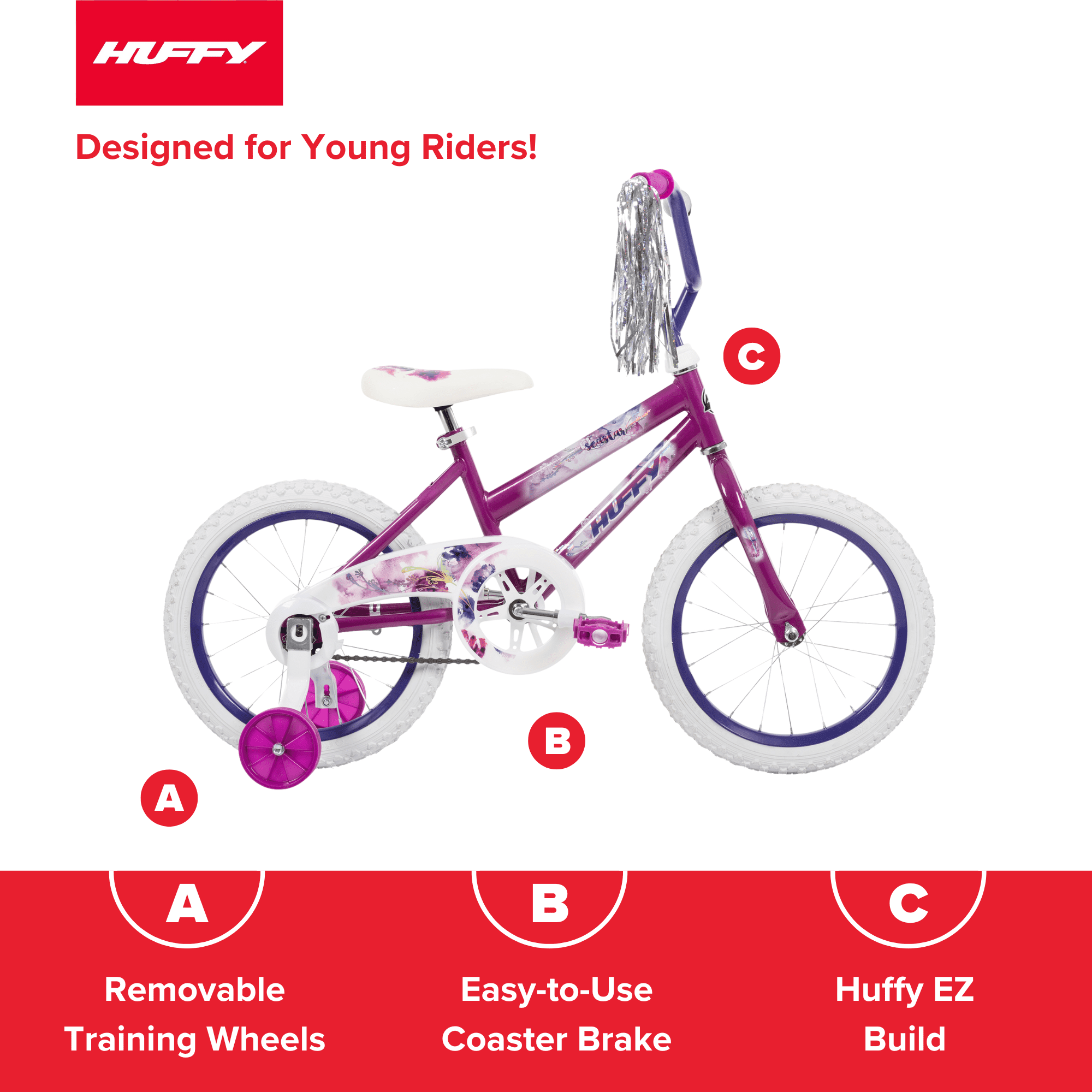 16" Sea Star Kids' Bike from Huffy, Fits Riders 42" - 48", Purple, Child, Girls - Image 3