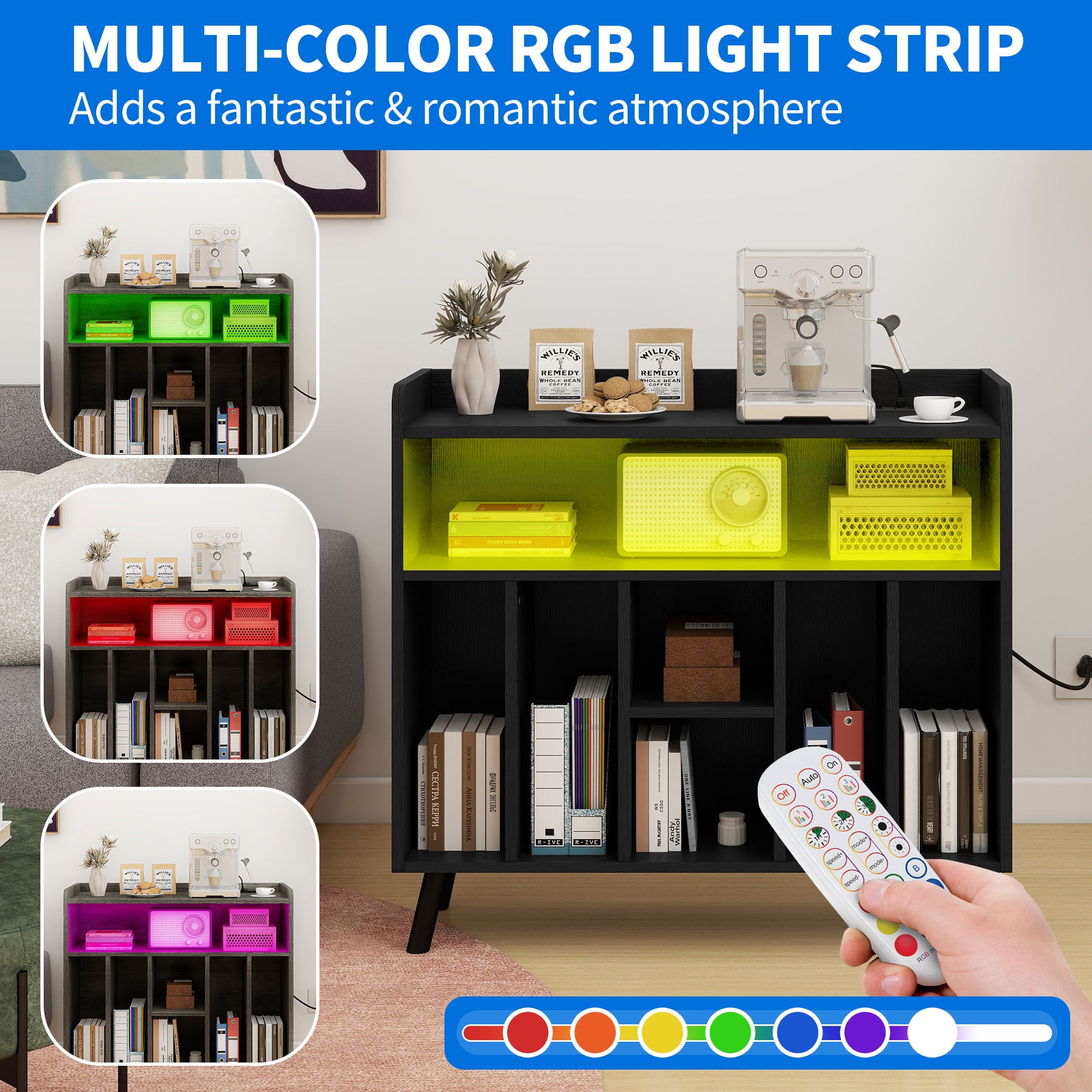 DEXTRUS Record Player Turntable Stand with Power Outlets and LED Lights, Holds 150-200 Albums, Black - Image 6