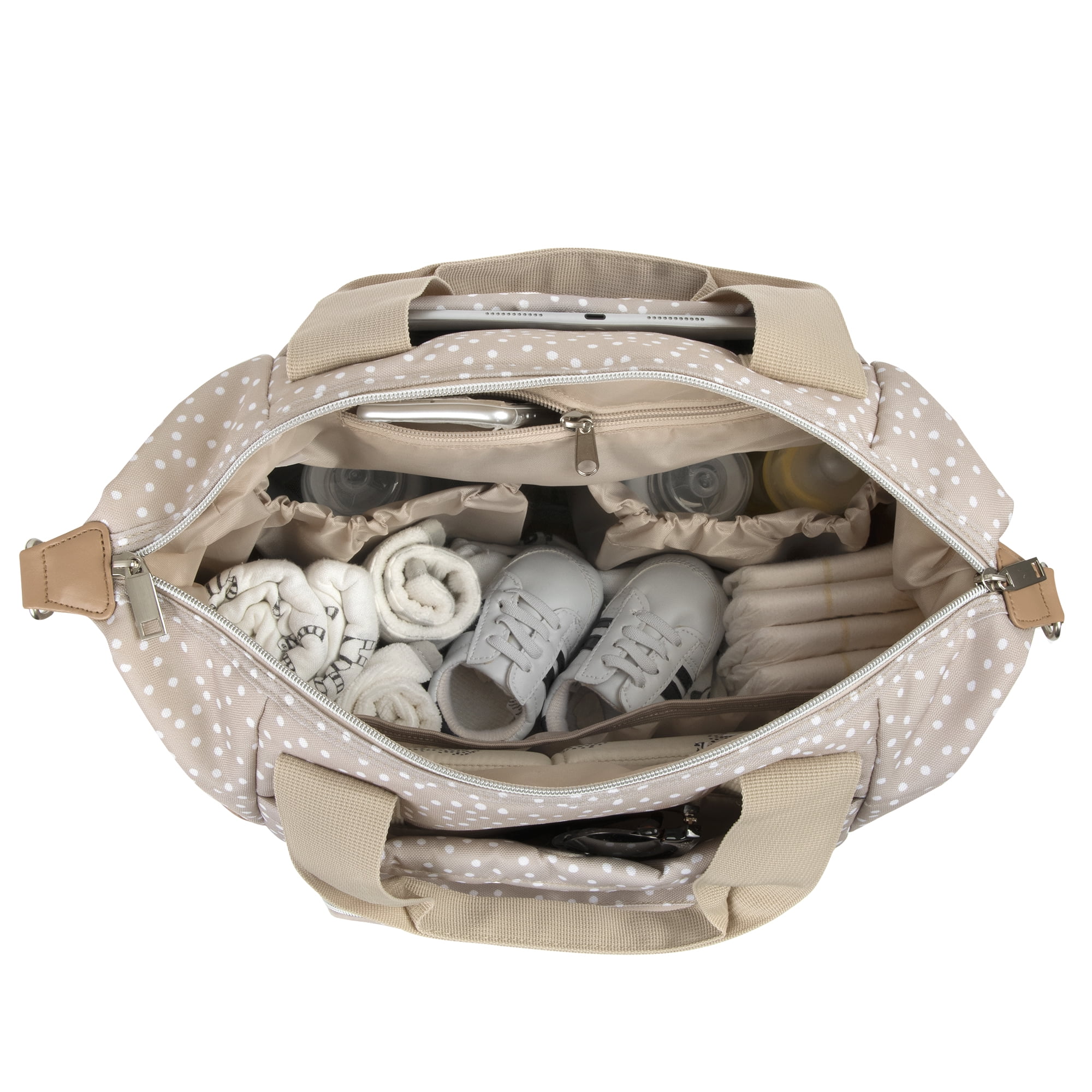 Jessica Simpson Quilted Baby Essentials Multifunction Multi-Pocket Fashion Diaper Bag Luggage Tote with Magnetic Front Wipes Pocket, Bottle Pockets & Changing Pad for Infant Boys & Girls in Taupe Dots - Image 3