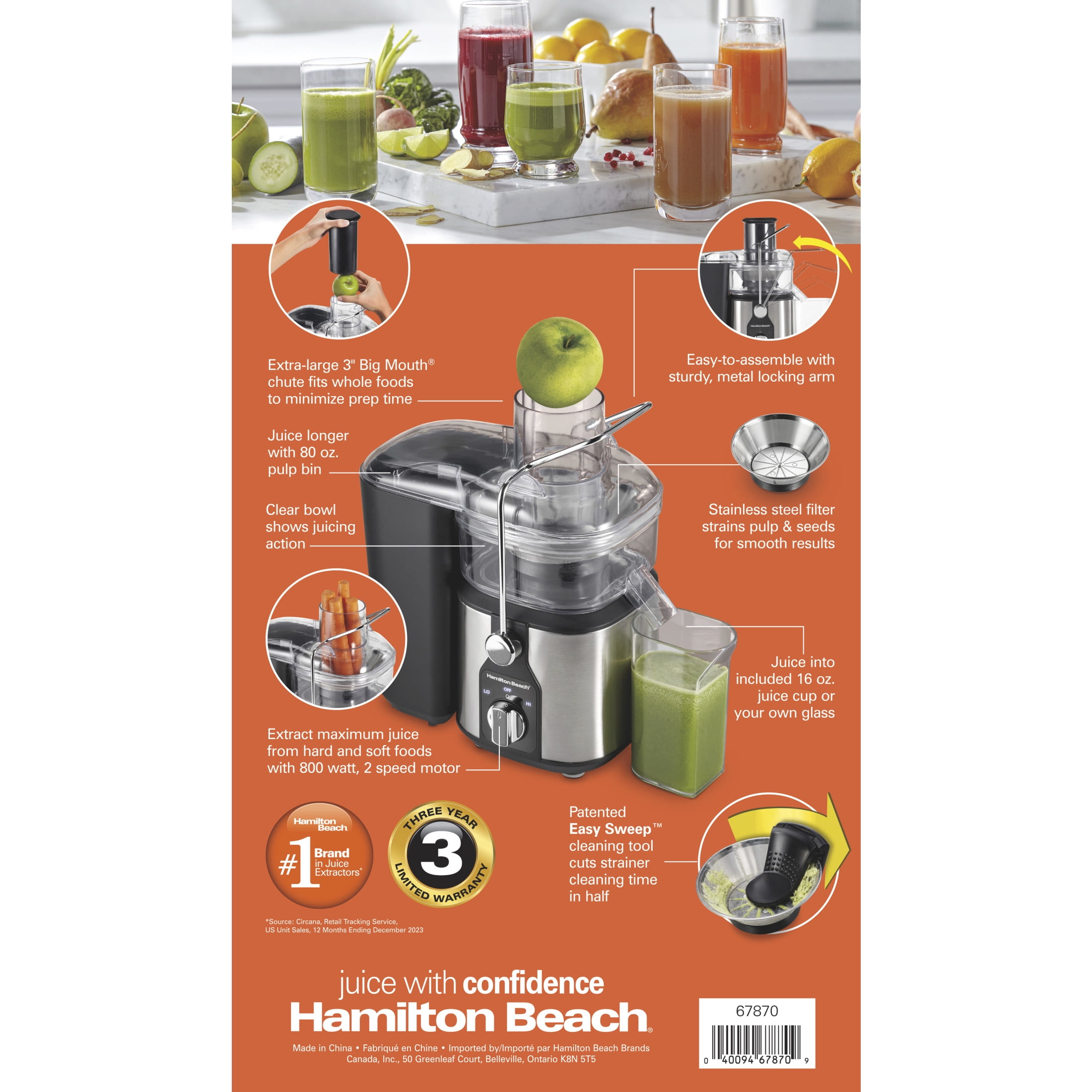 Hamilton Beach Easy Clean Juicer, Juice Extractor, Easy Sweep Cleaning Tool, Big Mouth Chute, 800 W - Image 10
