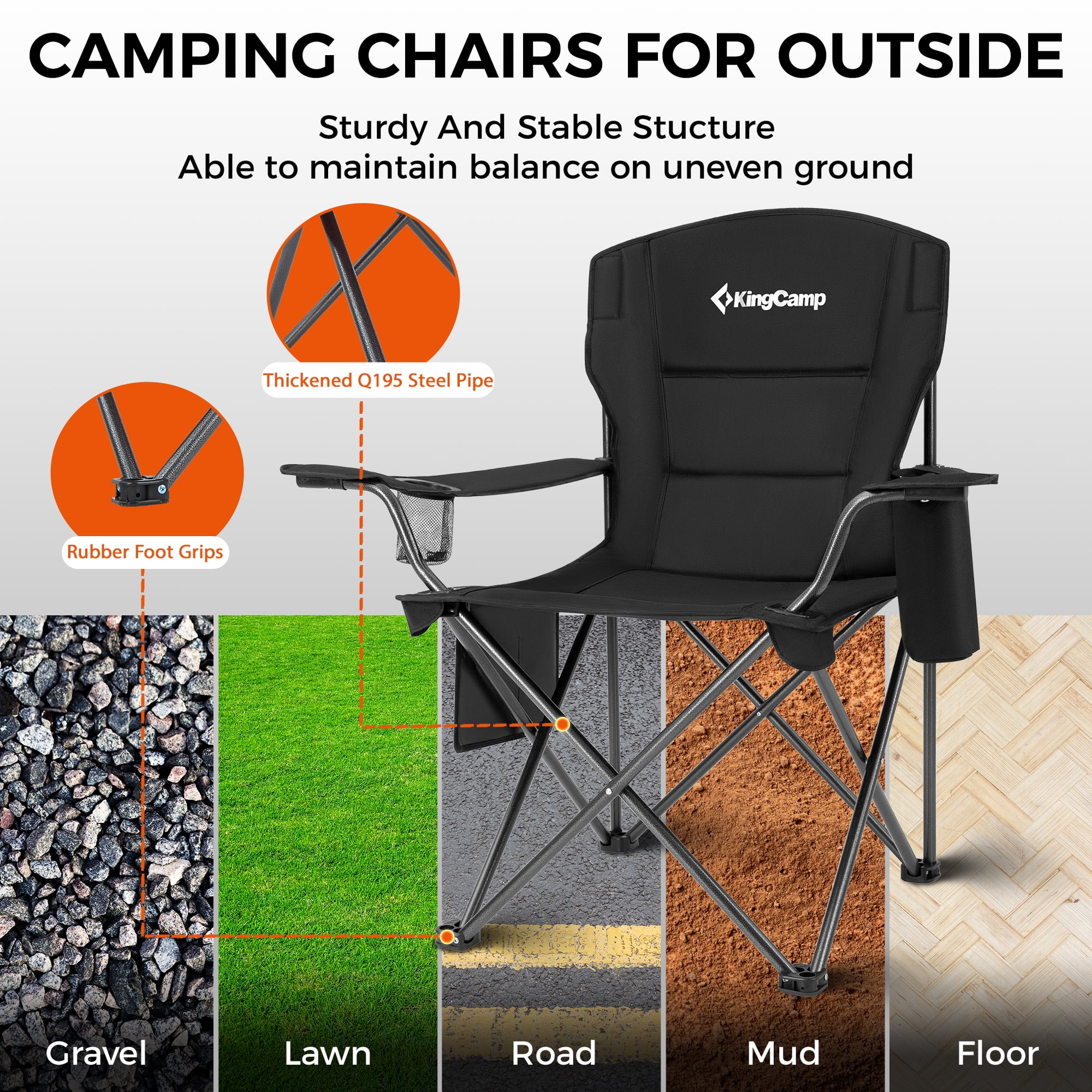 KingCamp Oversized Camping Chairs Heavy Duty Padded Folding Lawn Chair Support 300 lbs for Adults Outdoor Fishing Sports Black - Image 7