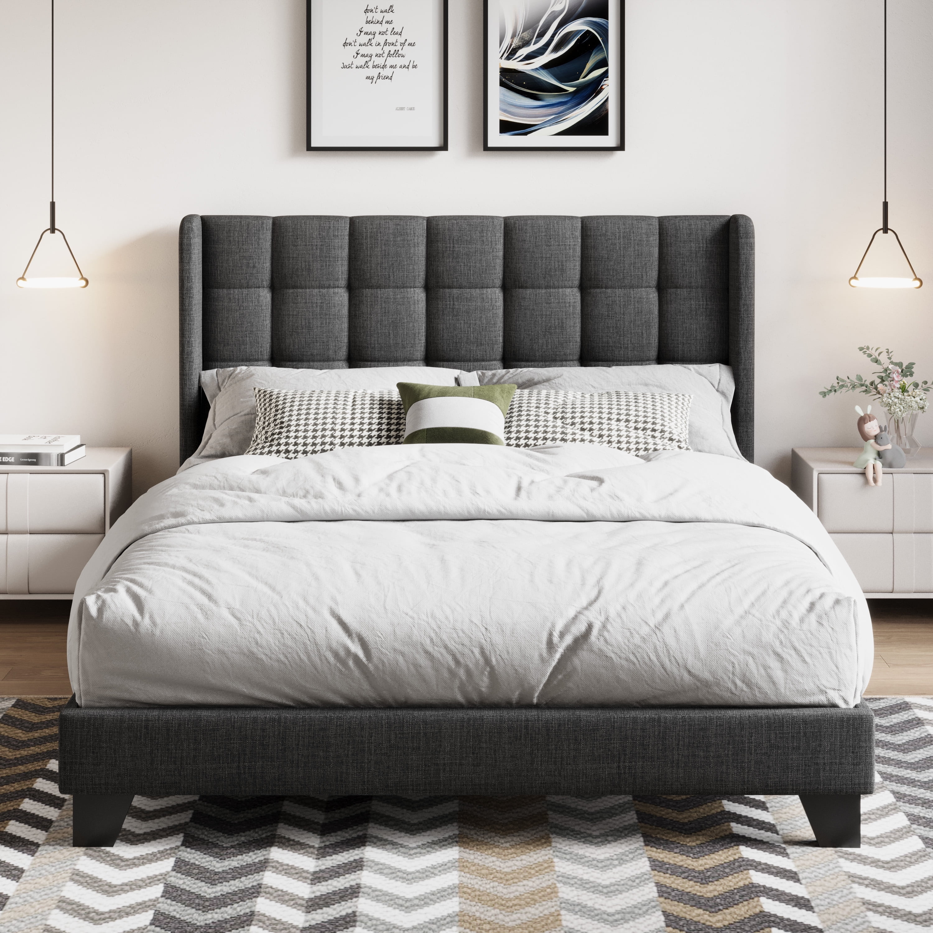Amolife Full Size Platform Bed with Wingback Headboard, Square Stitched Style, Dark Grey - Image 4