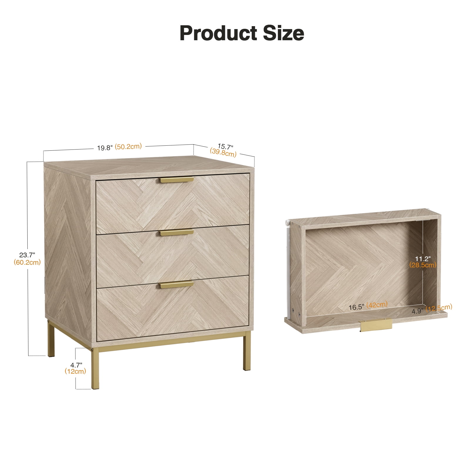 Eumyviv Wood 3 Drawer Nightstand, Herringbone Beside Table Farmhouse Side Table for Bedroom Living Room, Natural Oak H0099 - Image 7