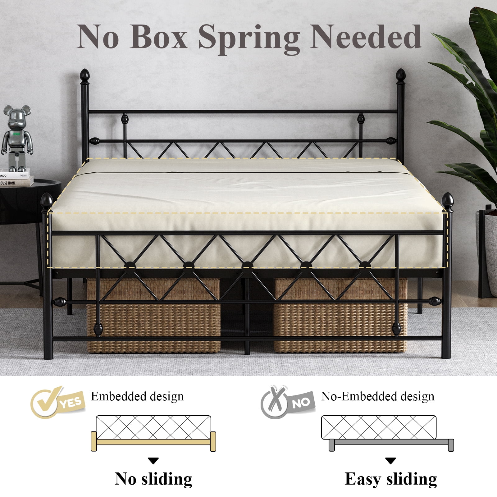 HOMWOO Queen Size Metal Platform Bed Frame with Headboard & Footboard, No Box Spring Required, Under Bed Storage, Heavy Duty Mattress Foundation, Noise Free, Black - Image 8