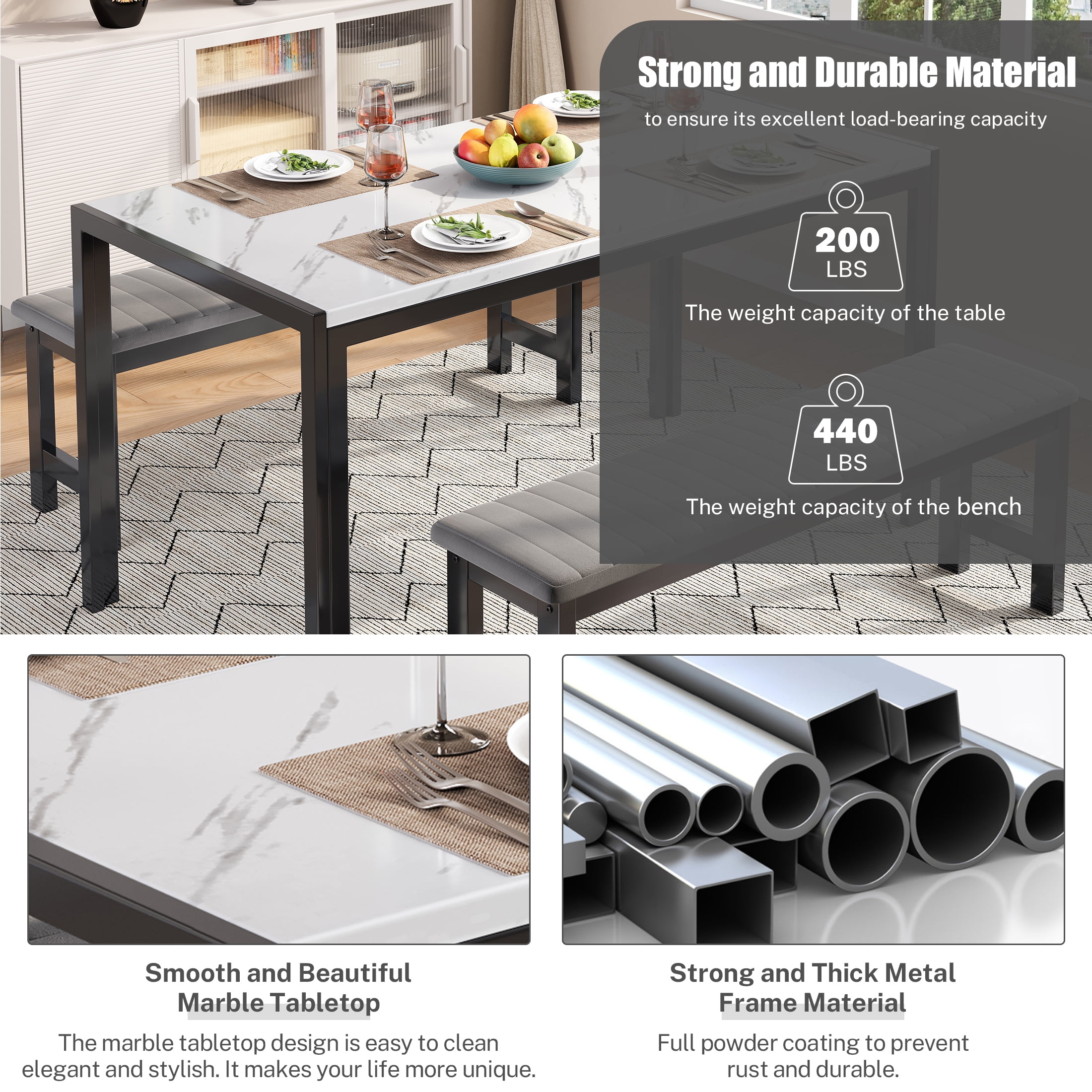 PORKISS Dining Table Set for 4, Faux Marble Kitchen Table Set with 2 Velvet Benches, Breakfast Nook Set for Small Spaces, 3 Piece Dining Room Table Set, White+Gray+Black #1 - Image 6
