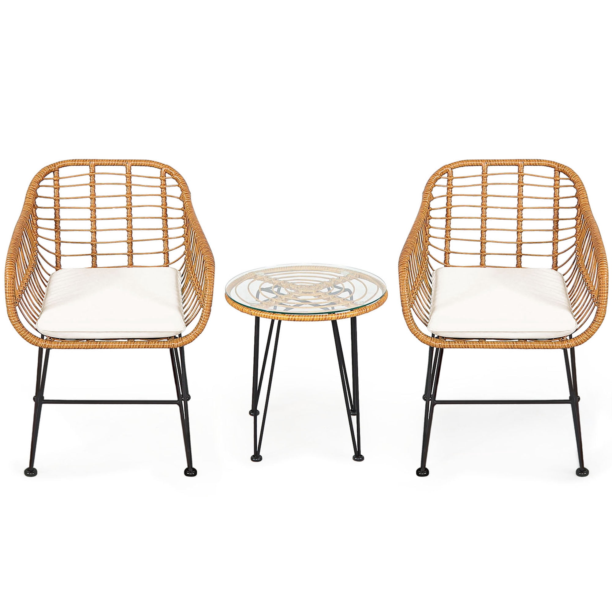 Gymax 3PCS Rattan Patio Bistro Set Conversation Furniture Set w/ White Cushions - Image 10