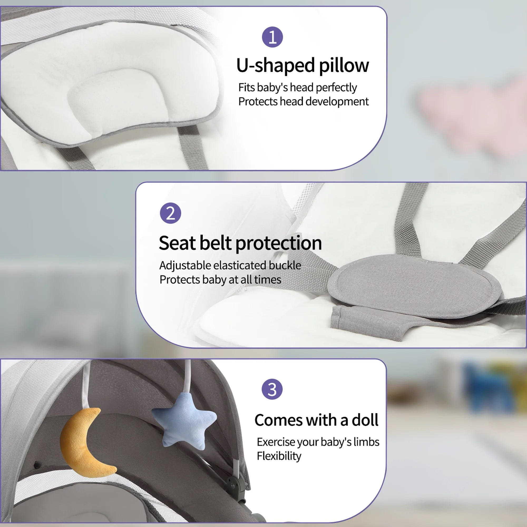 Electric Baby Swing with Footrest and Dinner Plate for Newborns Infants, Bluetooth Music, 5 Swing Speeds, Remote Control, Mosquito Net - Image 5