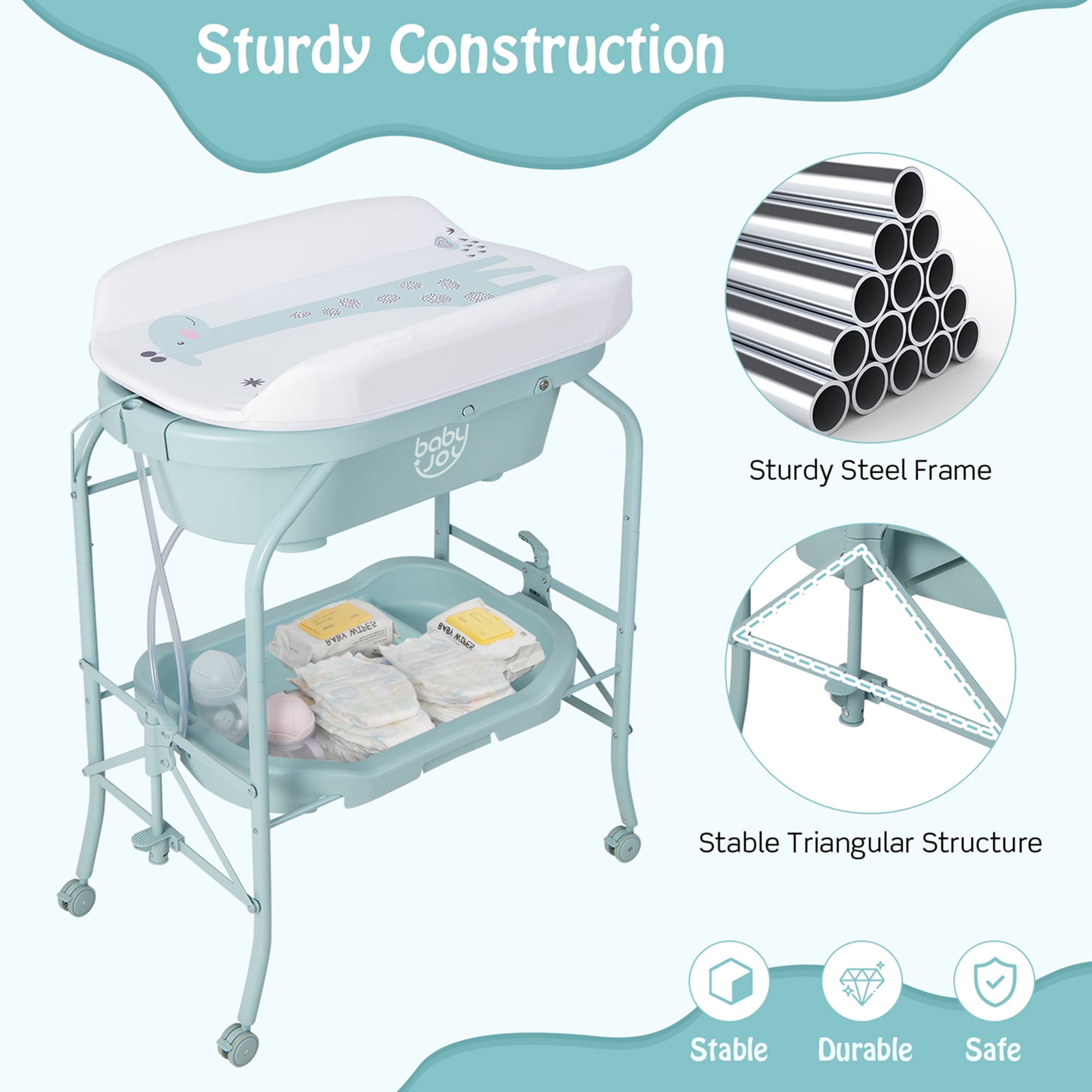 Babyjoy Changing Table with Bathtub Folding Portable Diaper Station Steel 0-12 Months PP Blue - Image 10