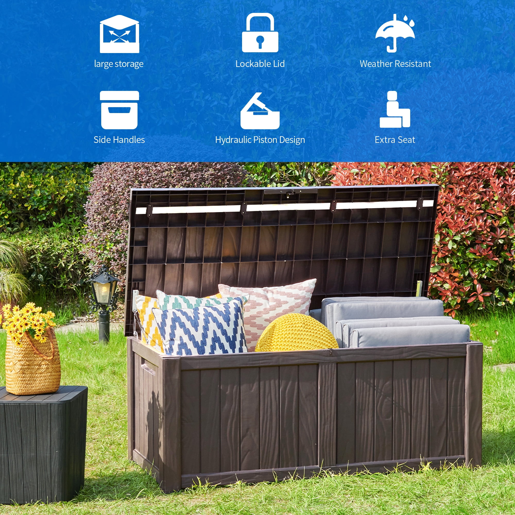 Dextrus Outdoor Lockable 120 Gallon Polypropylene Resin Deck Box, Brown - Image 5