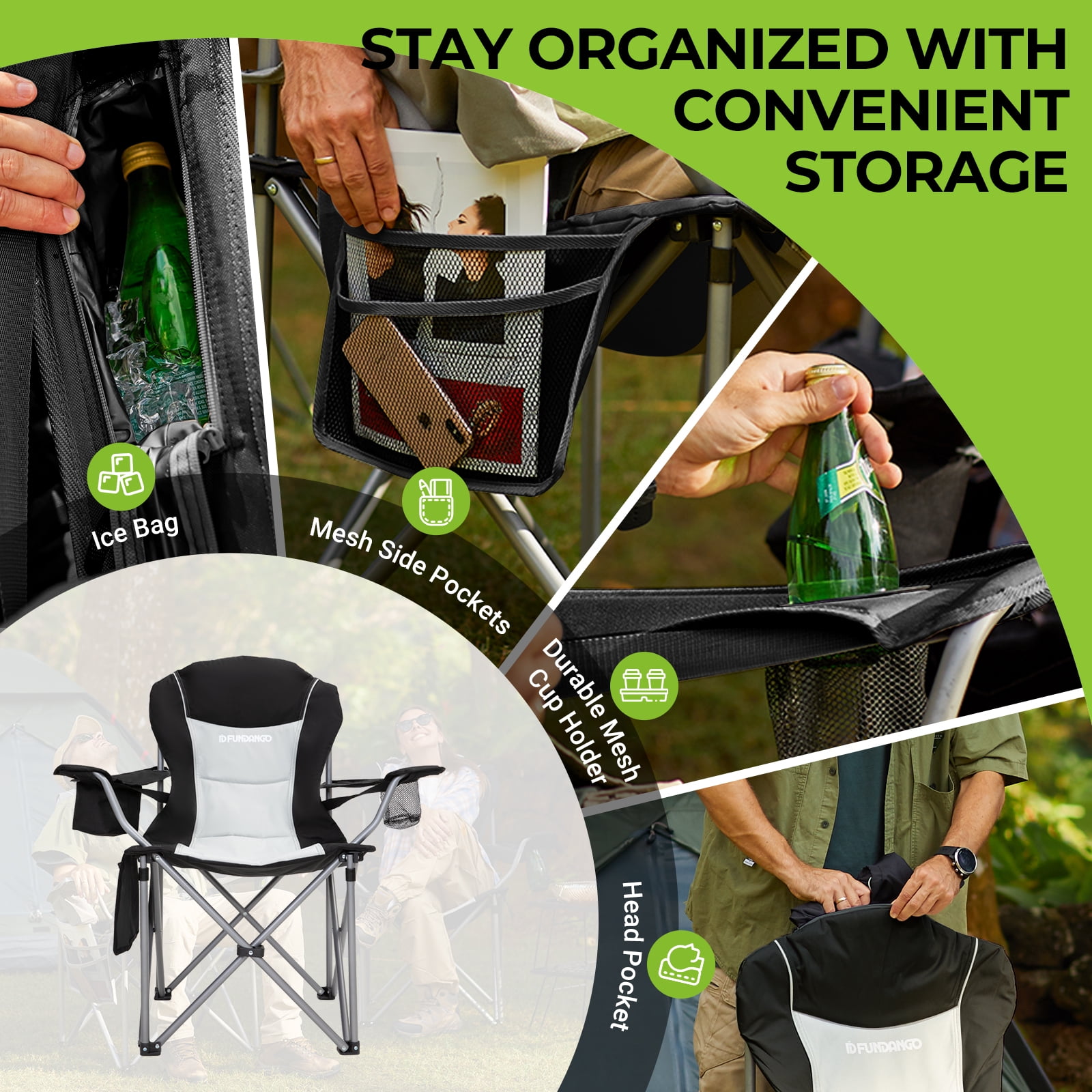 FUNDANGO Oversized Camping Chair Heavy Duty Padded Lawn Chairs with Cooler Bag for Outdoor Fishing Sports - Image 5