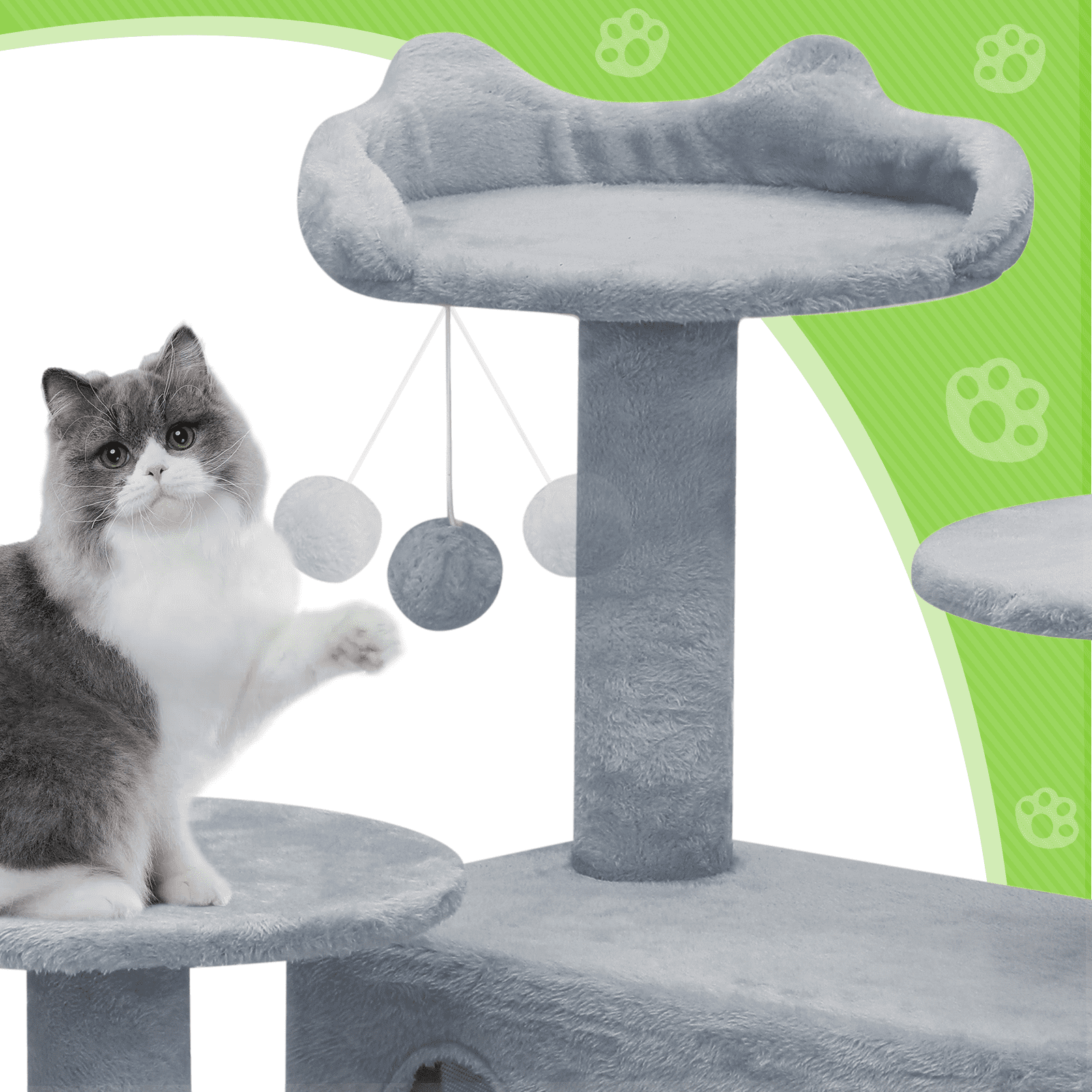 Magshion 60" Multi-Level Cat Tree Tower with Caves, Gentle Ramp, and Pompoms for Indoor Cats, Light Gray - Image 4
