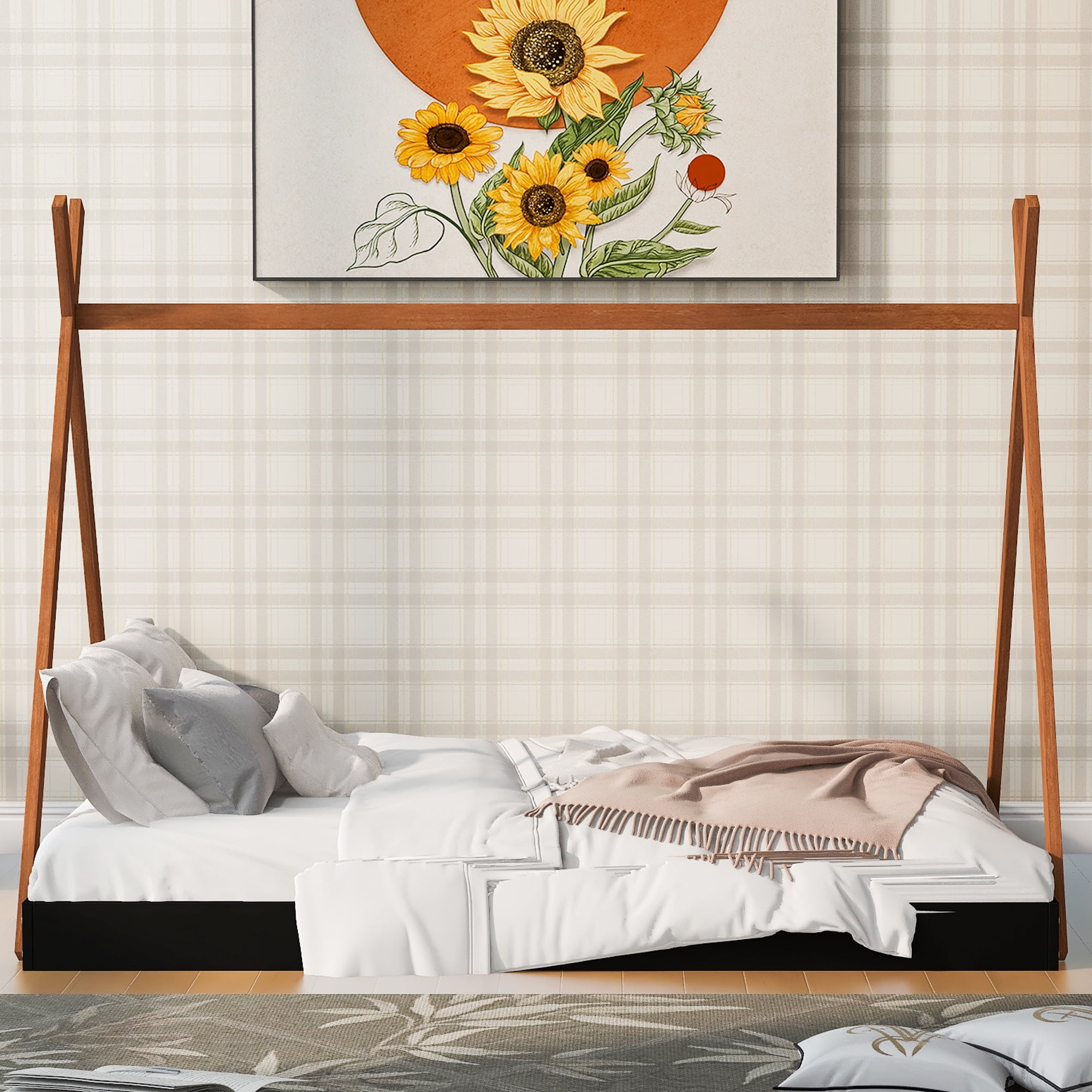 Euroco Modern Wood Full Size Tent Floor Bed, x-Shaped House Bed for Kids, Wood Triangle Canopy Bed, Natural - Image 7