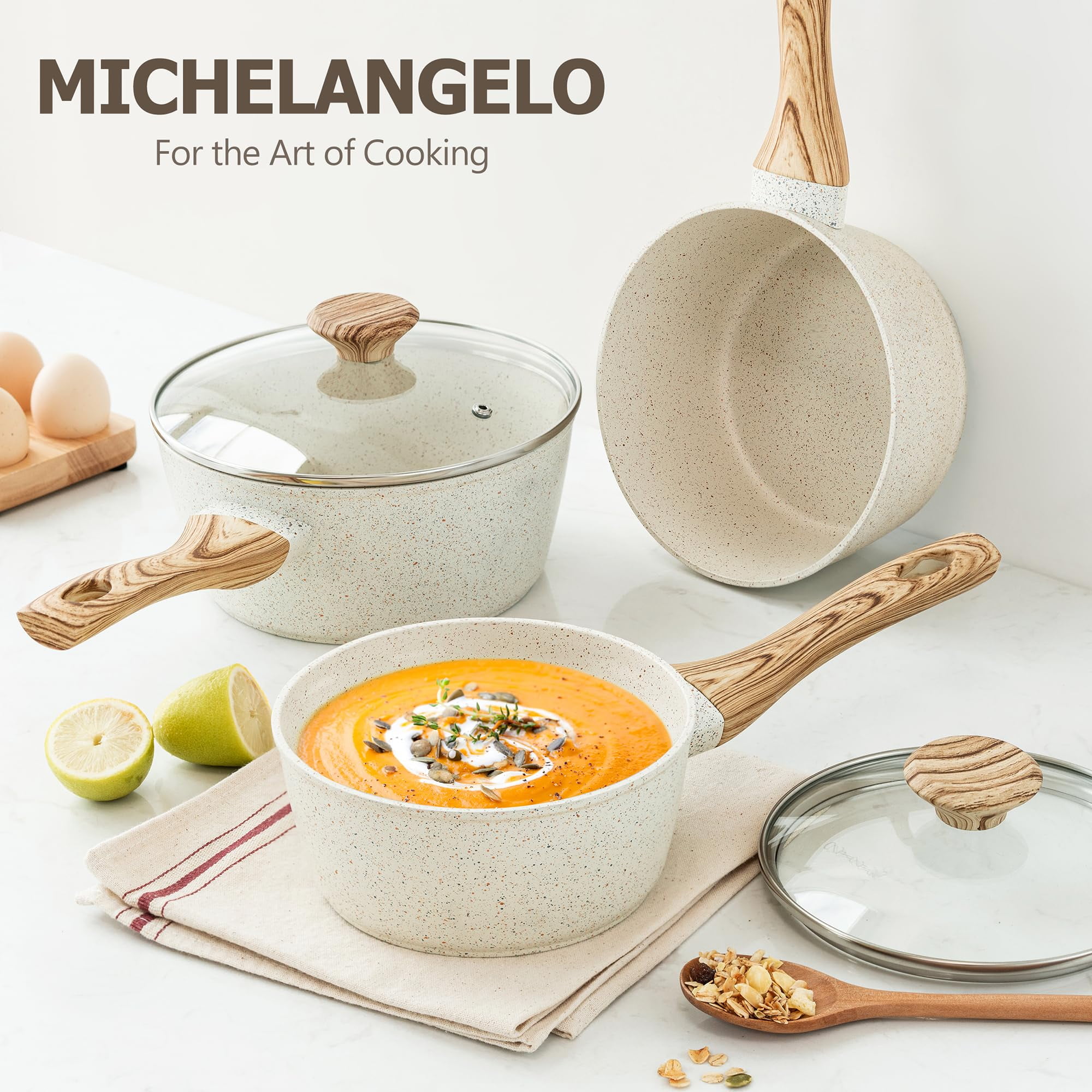 MICHELANGELO Sauce Pan with Lid, Nonstick Saucepans 1.5QT&2QT&3QT, Granite Sauce Pan 3 Piece, Stone Saucepan Set, Small Pot with Lid, Nonstick Sauce Pot Set - Image 3