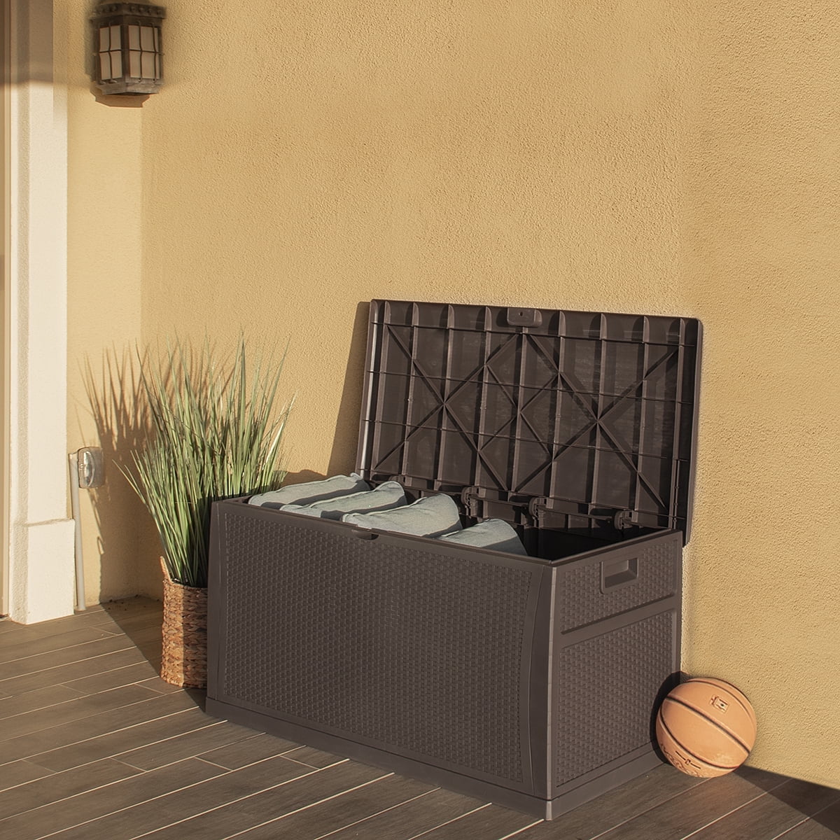 Barton Outdoor Storage Deck Box, 120 Gallon Resin Patio Bin, Wood Grain, Brown - Image 4