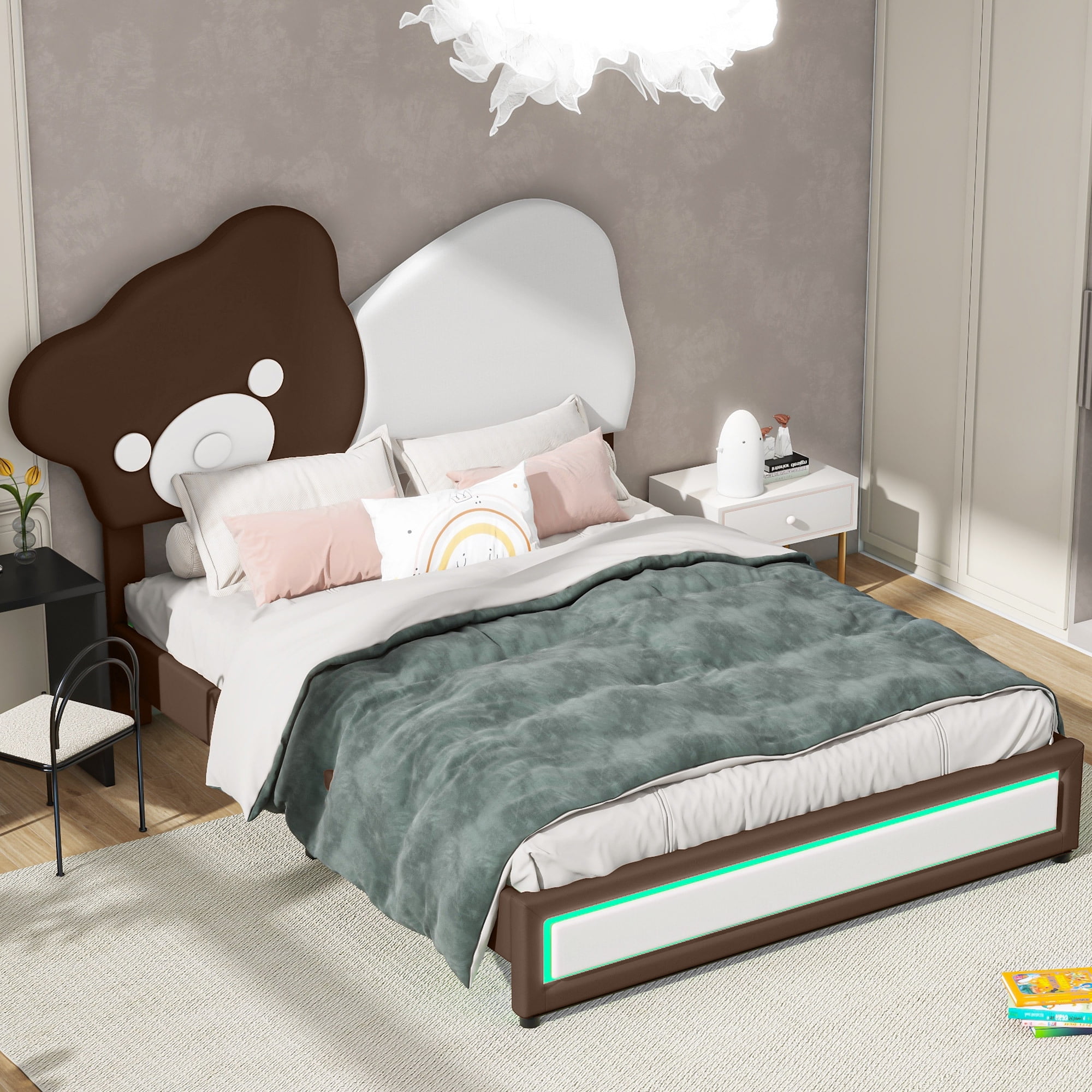 Euroco Upholstered Full Size Platform Bed Frame, Cartoon Bear-Shaped Bed with LED Light for Kids, White - Image 9