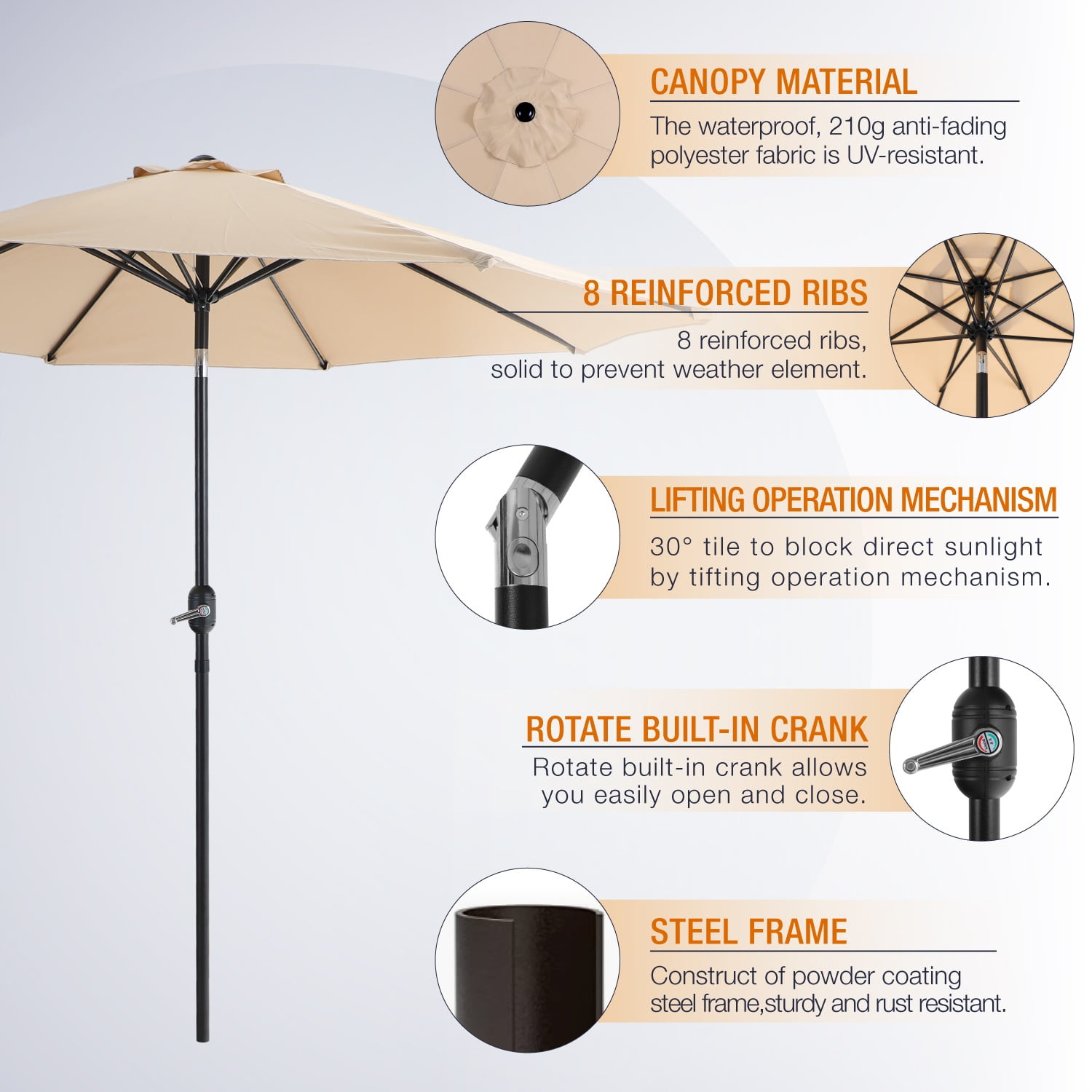 MF Studio 9ft Patio Umbrella with 8 Sturdy Ribs with Push Button Tilt/Crank Outdoor Market Table Umbrellas Beige - Image 4