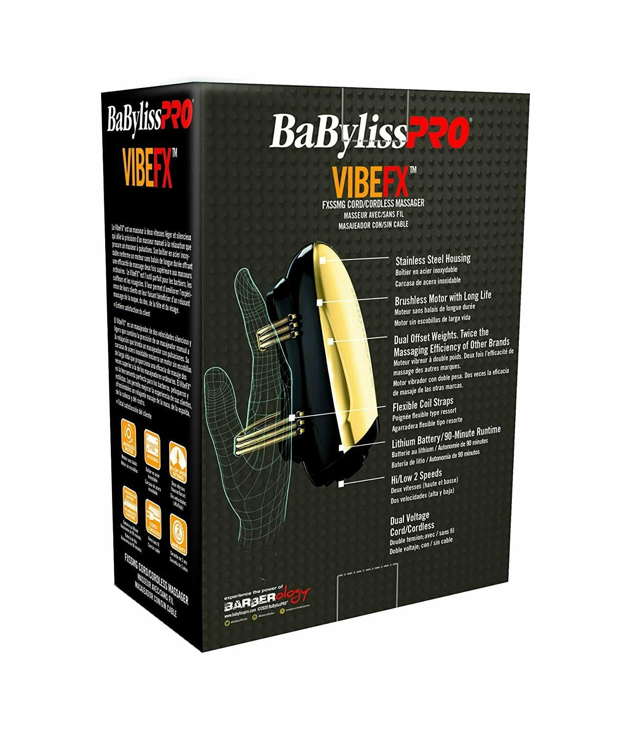 BaBylissPRO VibeFX Cord and Cordless Handheld Massager, Gold - Image 2