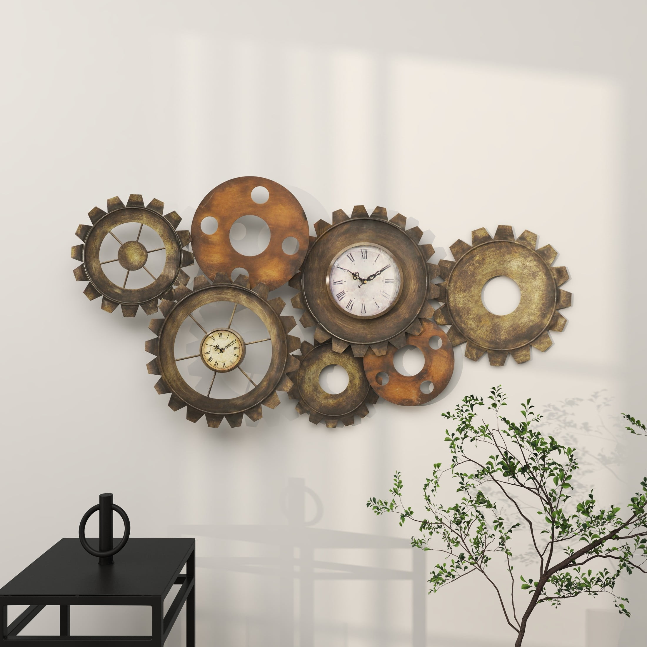 DecMode 34" x 17" Brown Metal Gear Vintage Weathered Dual Wall Clock - Image 11