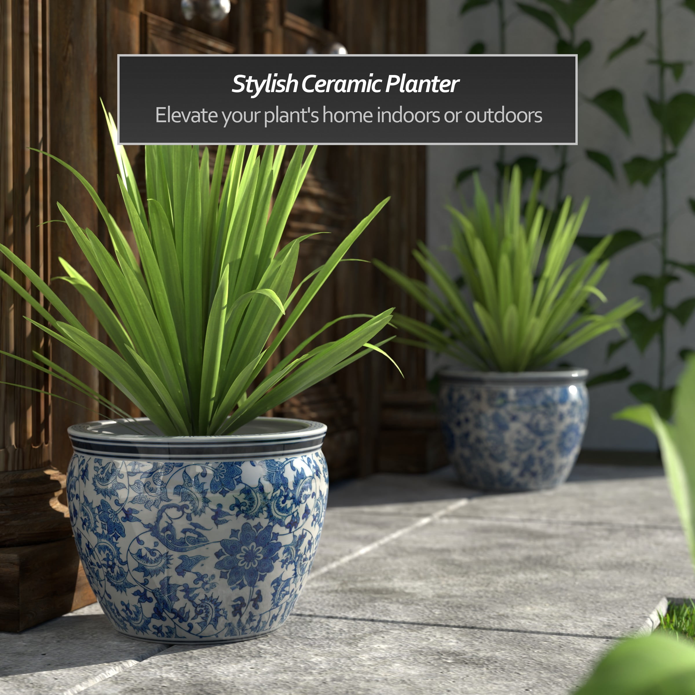 Red Lantern 14" Floral Blue & White Porcelain Fishbowl Planter - Image 4