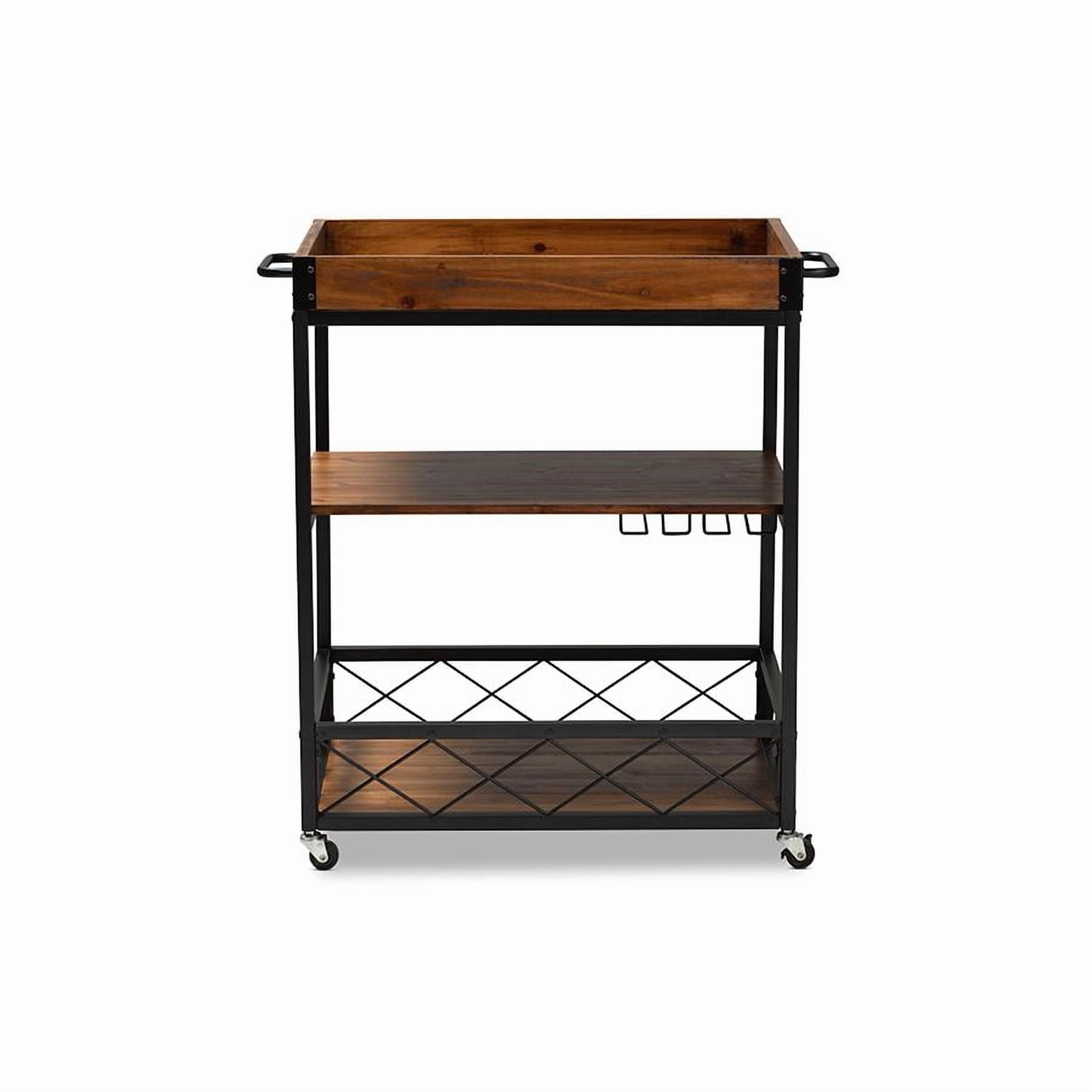 Baxton Studio Capri Vintage Rustic Industrial Oak Brown and Black Finished Mobile Metal Bar Cart with Stemware Rack - Image 6