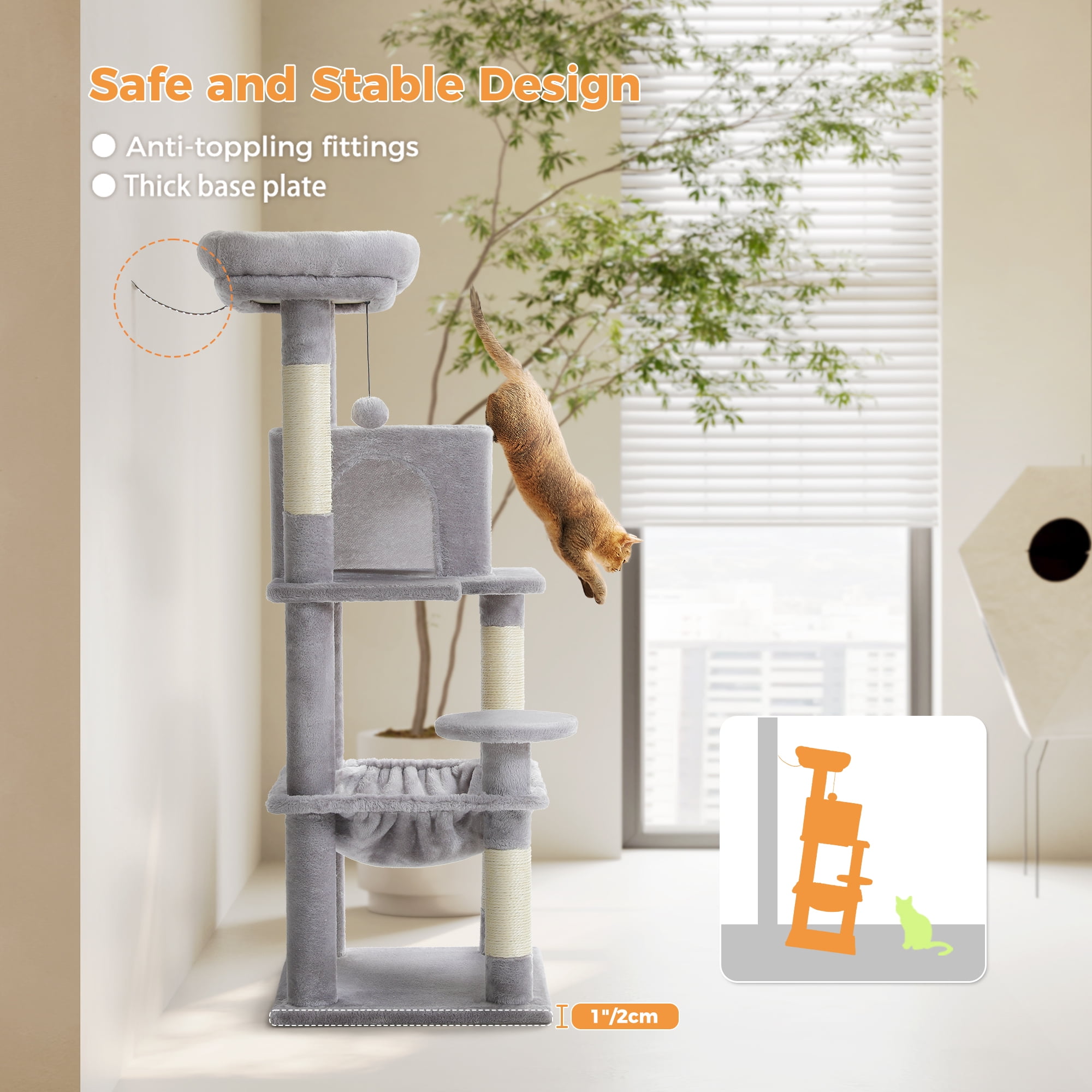 PEQULTI 45.7" Multi-Level Cat Tree Large Cat Tower Indoor with Condo and Hommock Light Gray - Image 10